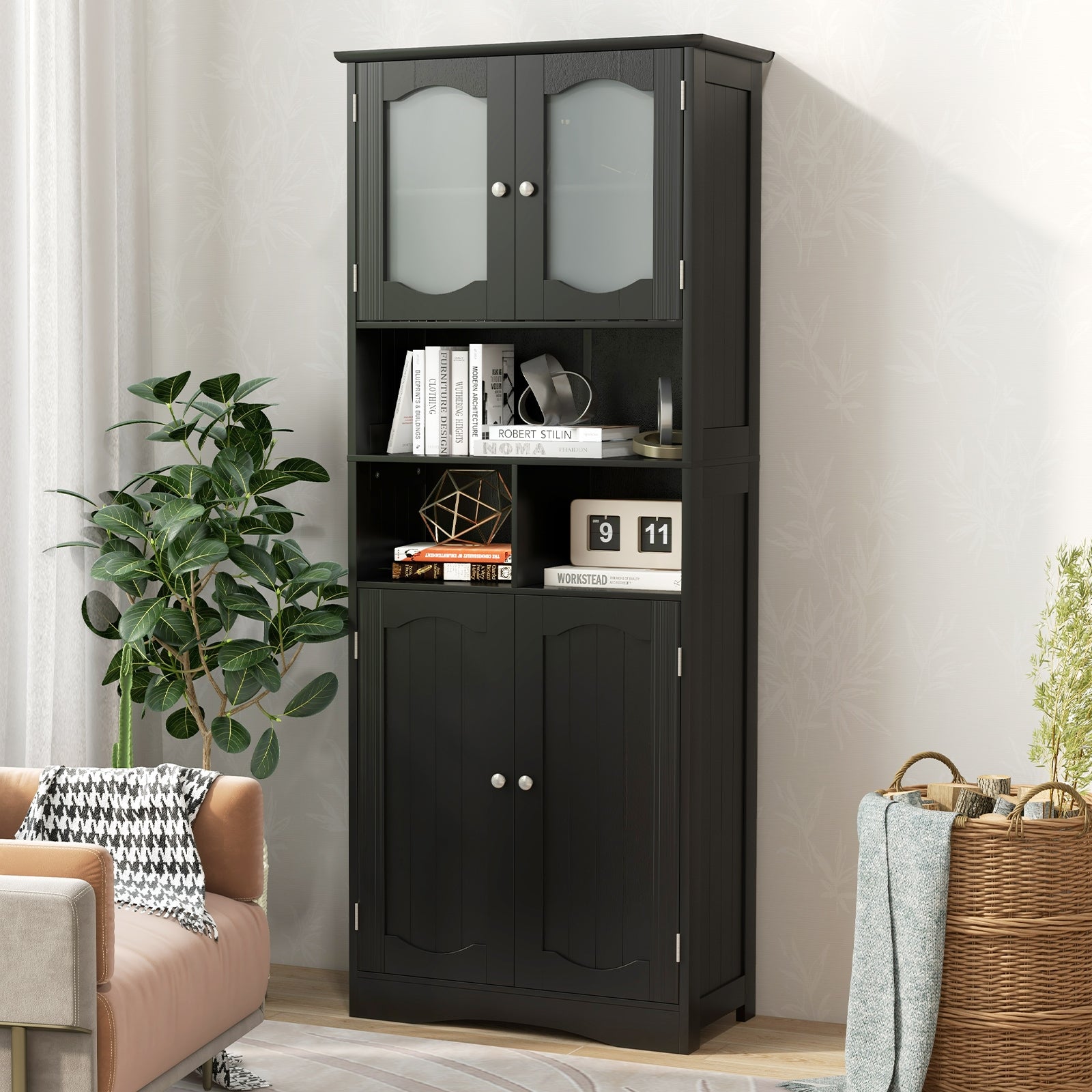 58.5 Inch Freestanding Linen Bathroom Storage Cabinet with Frost Glass Doors, Black Floor Cabinets at Gallery Canada