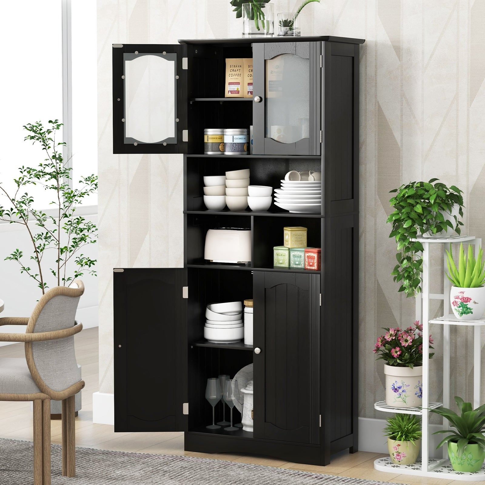 58.5 Inch Freestanding Linen Bathroom Storage Cabinet with Frost Glass Doors, Black Floor Cabinets at Gallery Canada