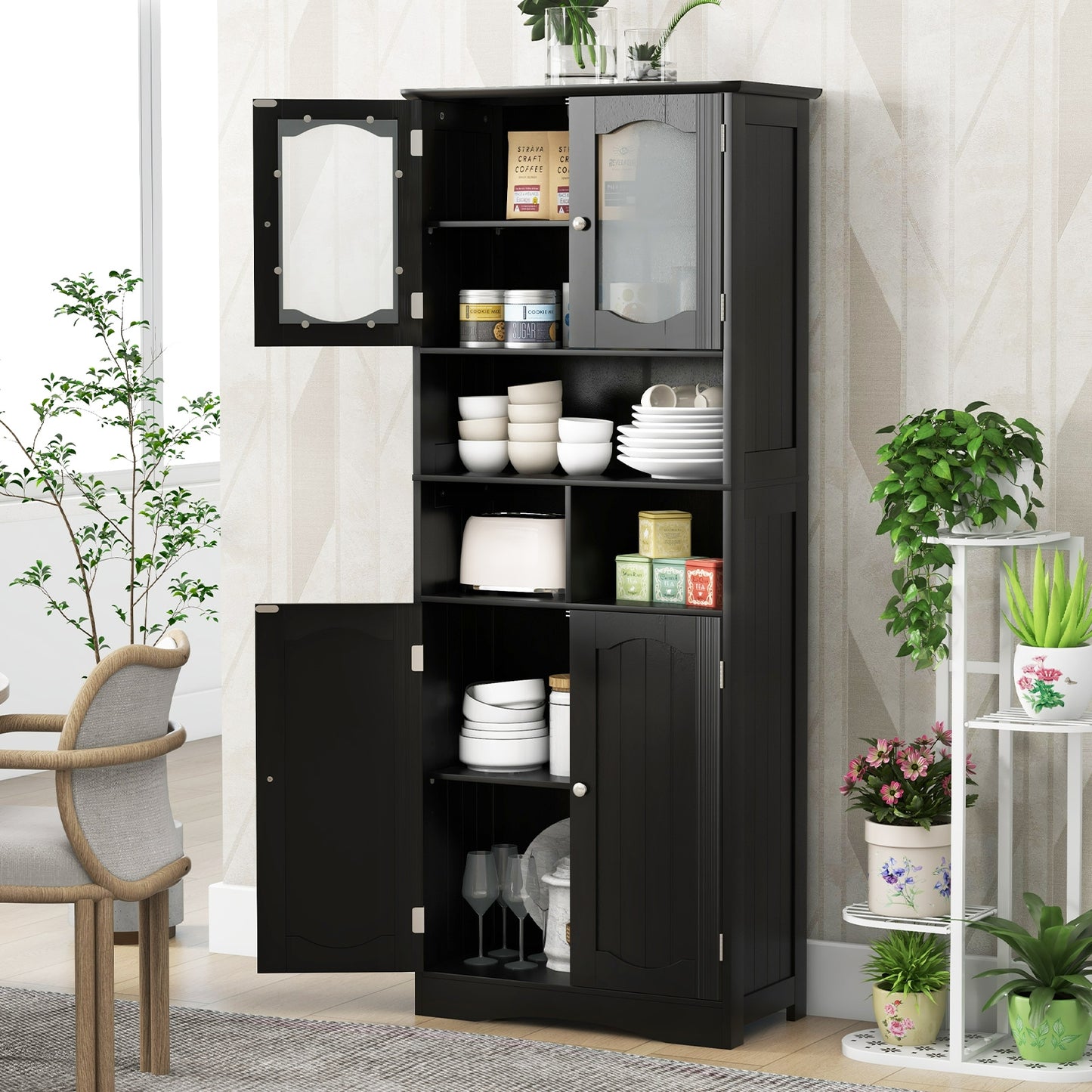 58.5 Inch Freestanding Linen Bathroom Storage Cabinet with Frost Glass Doors, Black Floor Cabinets at Gallery Canada
