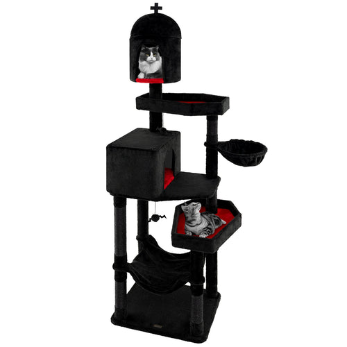 Gothic Cat Tree With 2 Condos, Coffin Bed, Black