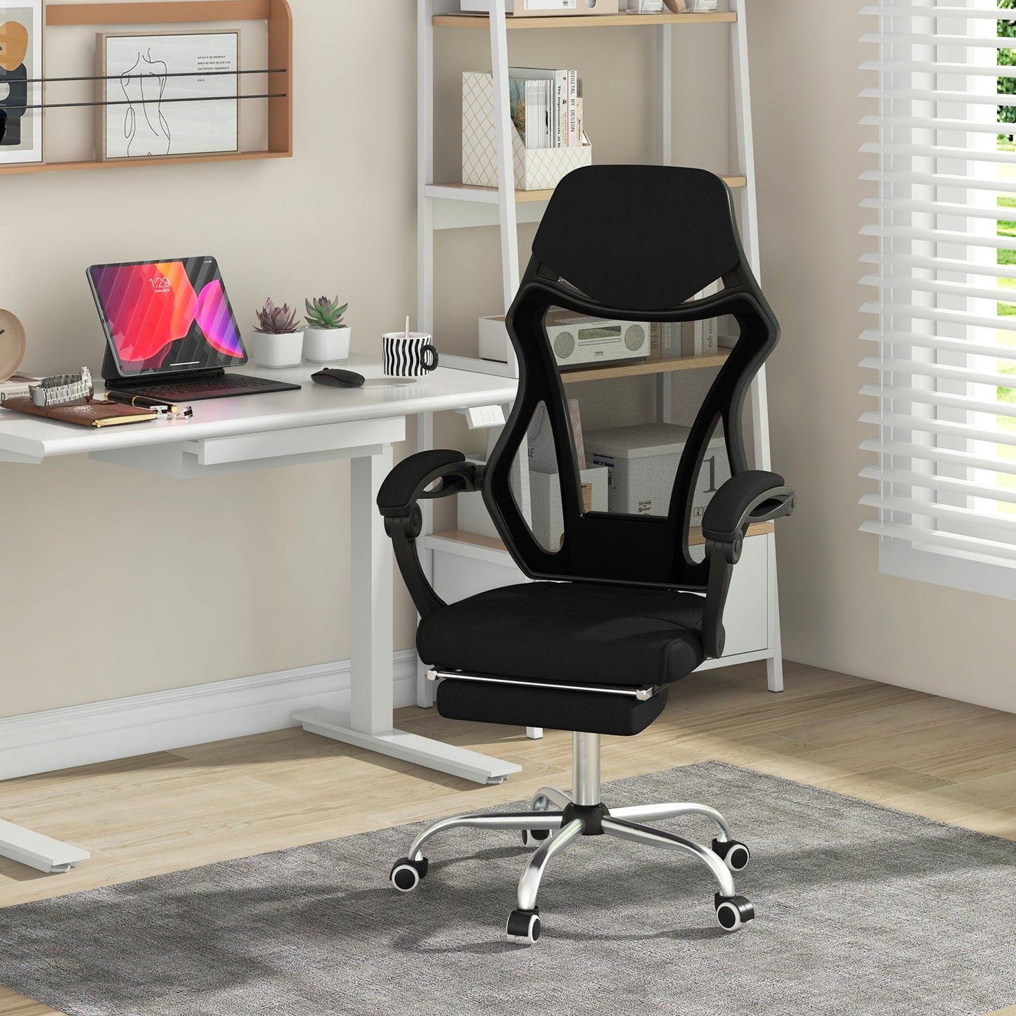 Ergonomic Mesh Office Chair with Footrest and Tilting Backrest, Black Ergonomic Chairs at Gallery Canada