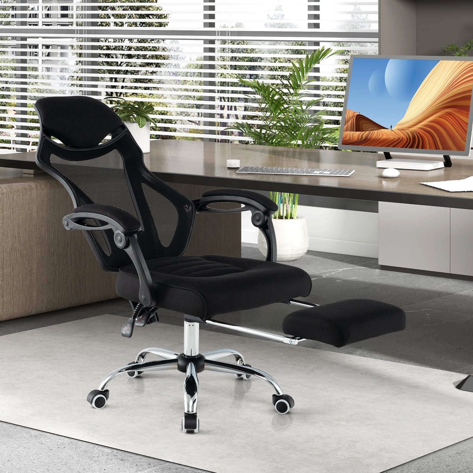 Ergonomic Mesh Office Chair with Footrest and Tilting Backrest, Black Ergonomic Chairs at Gallery Canada