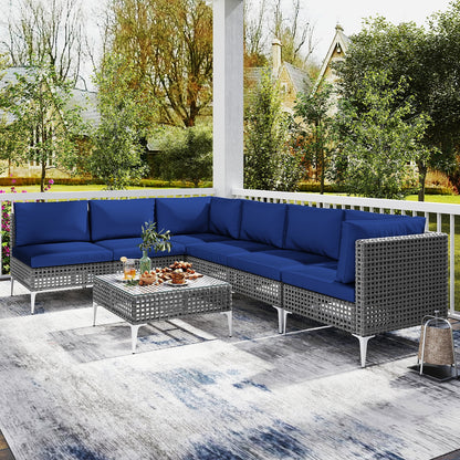 7 Piece Outdoor Furniture Set Wicker Chairs with Tempered Glass Coffee Table, Navy Patio Conversation Sets at Gallery Canada