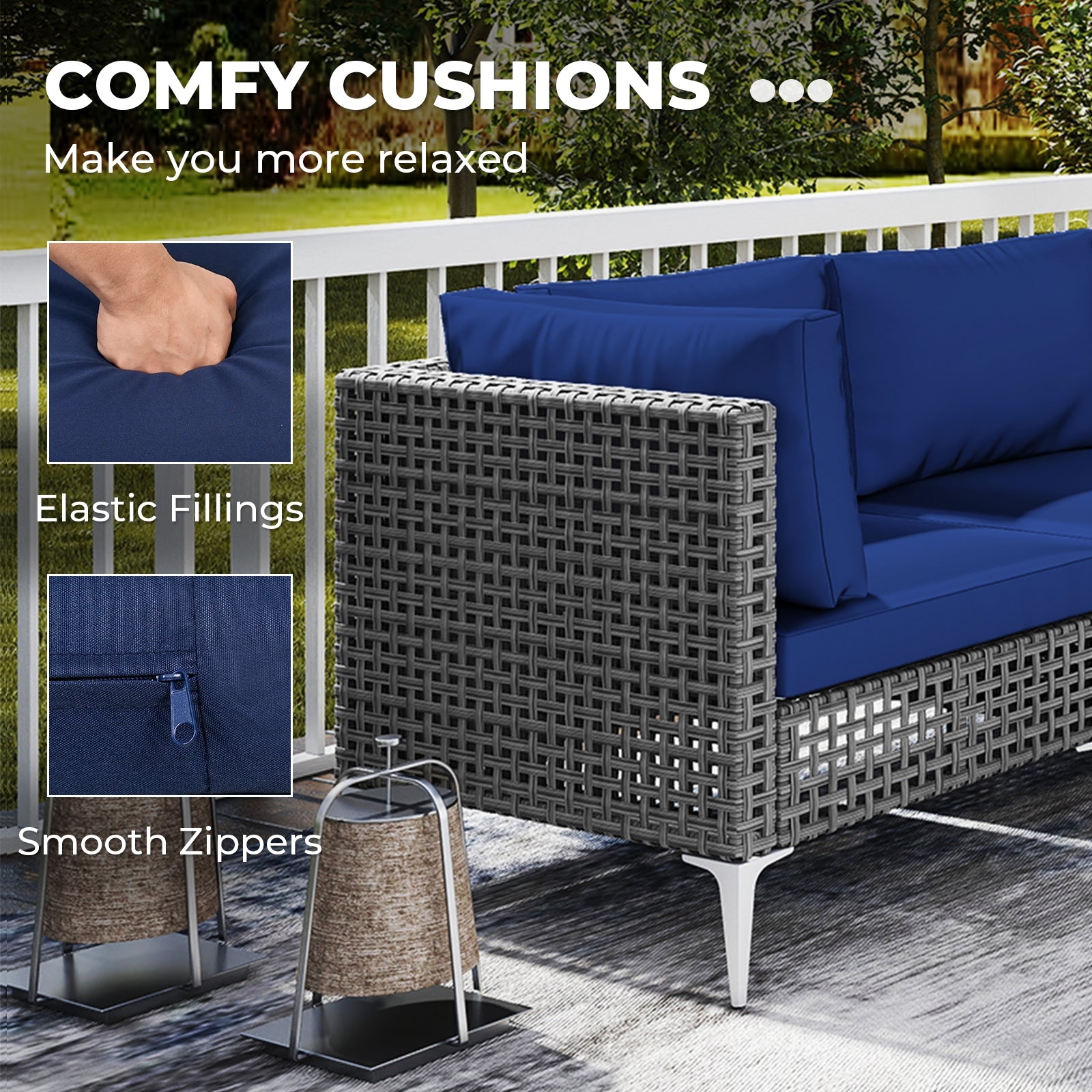 7 Piece Outdoor Furniture Set Wicker Chairs with Tempered Glass Coffee Table, Navy Patio Conversation Sets at Gallery Canada