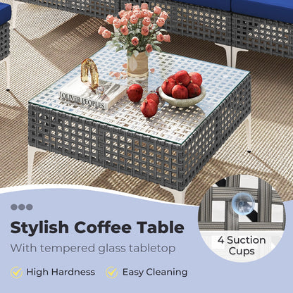 7 Piece Outdoor Furniture Set Wicker Chairs with Tempered Glass Coffee Table, Navy Patio Conversation Sets at Gallery Canada