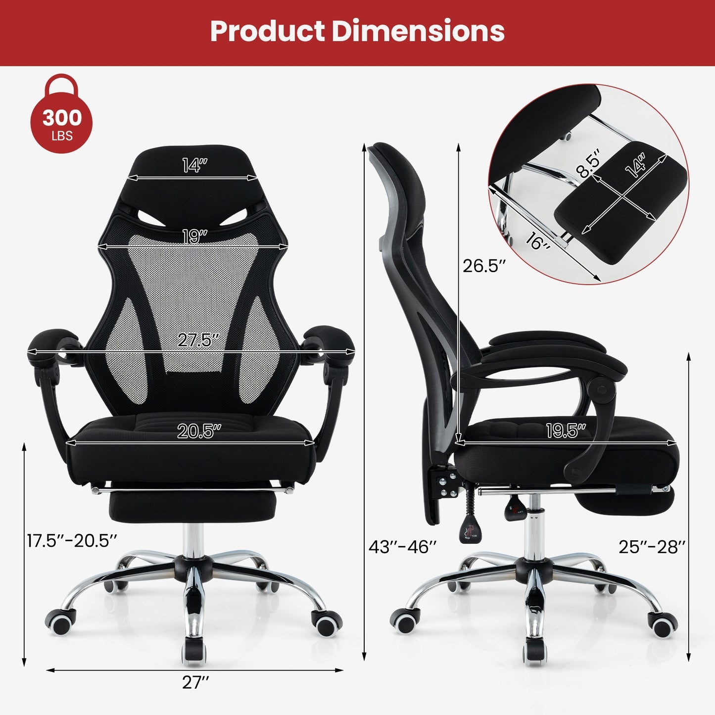 Ergonomic Mesh Office Chair with Footrest and Tilting Backrest, Black Ergonomic Chairs at Gallery Canada