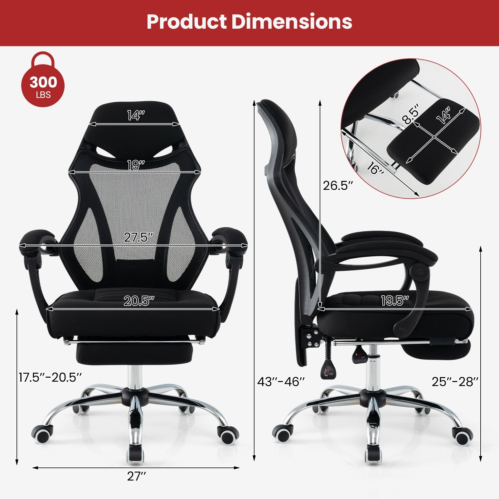 Ergonomic Mesh Office Chair with Footrest and Tilting Backrest, Black Ergonomic Chairs at Gallery Canada