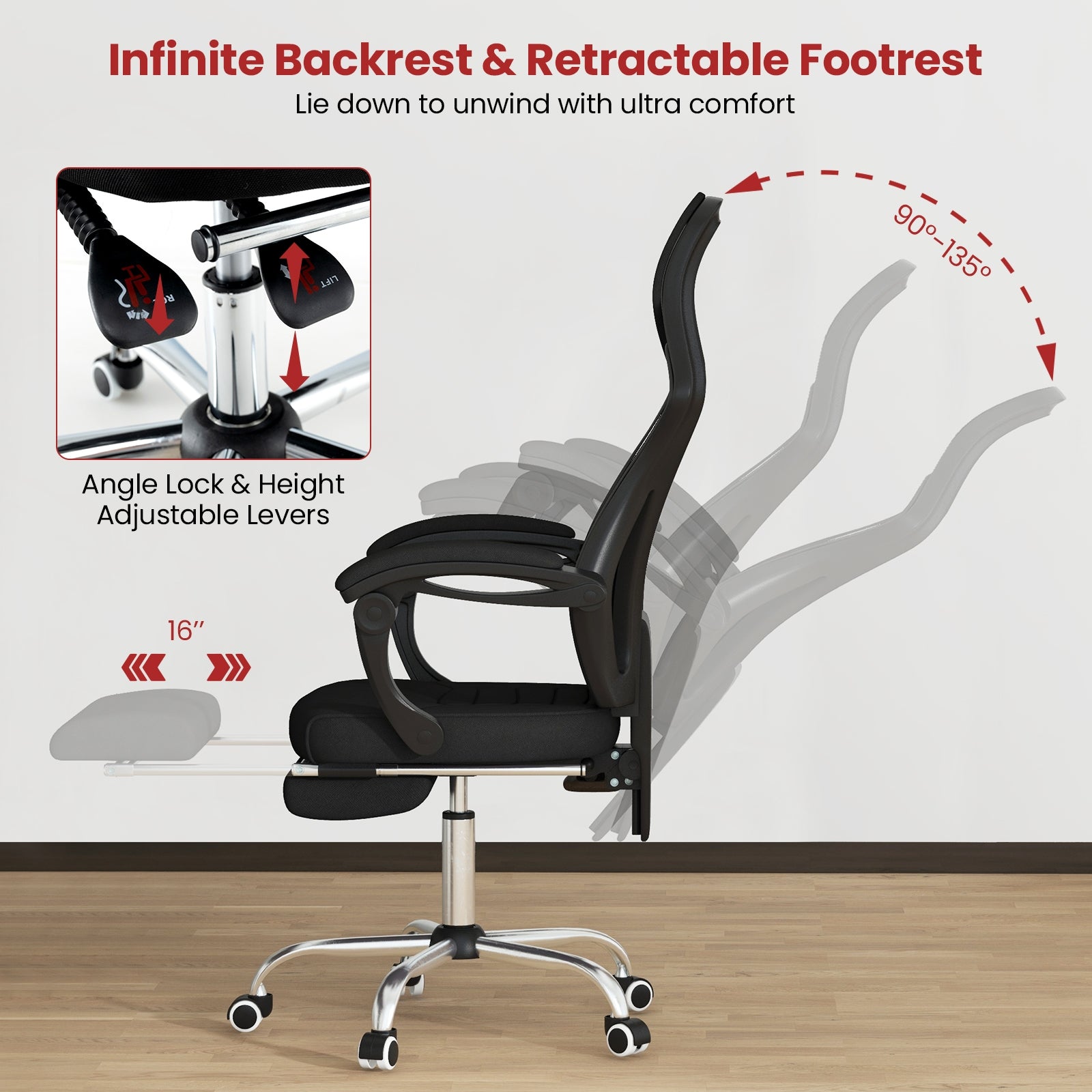 Ergonomic Mesh Office Chair with Footrest and Tilting Backrest, Black Ergonomic Chairs at Gallery Canada