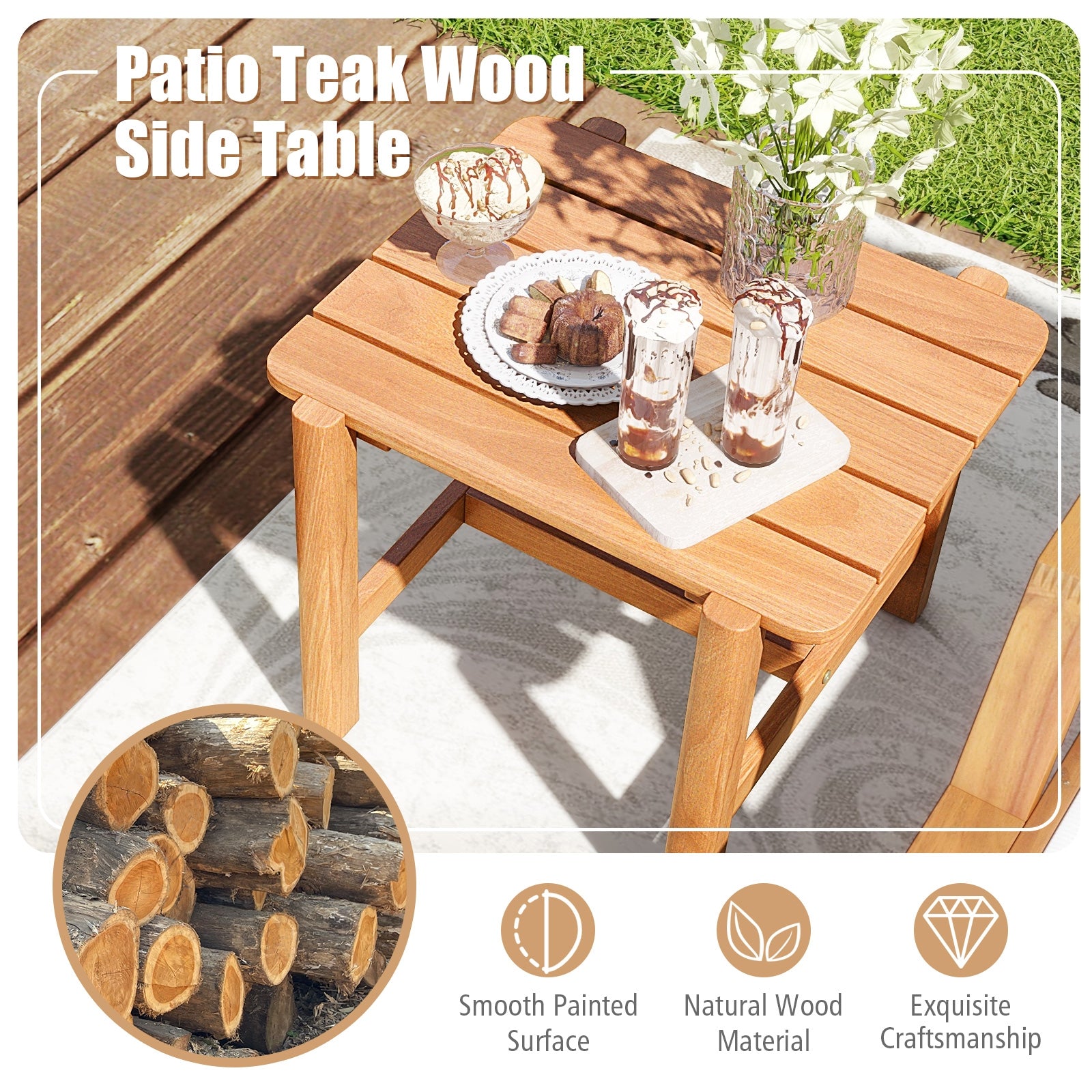 Teak Wood Side Table, Slatted Tabletop, Natural Patio Coffee Tables at Gallery Canada