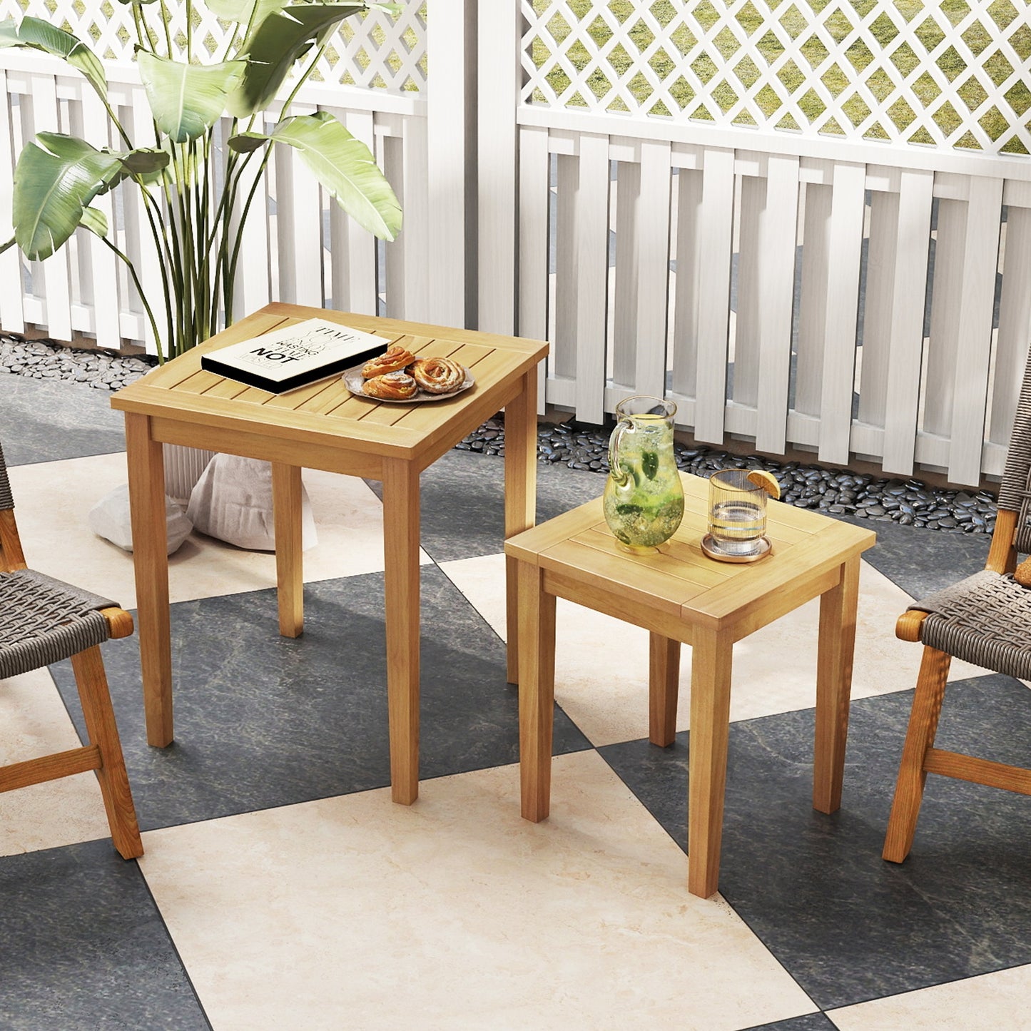 2 Pieces Space Saving Design Teak Wood Outdoor Patio Nesting Table, Natural Patio Coffee Tables at Gallery Canada