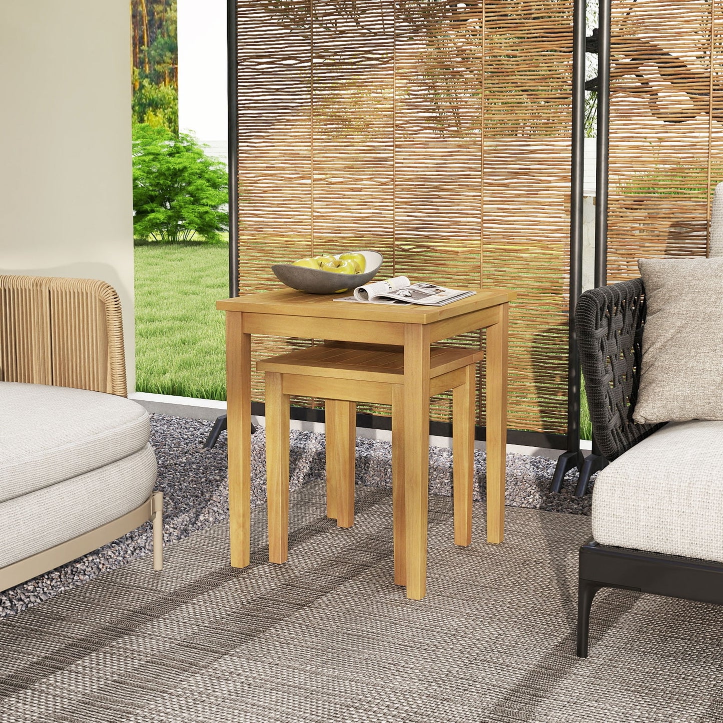 2 Pieces Space Saving Design Teak Wood Outdoor Patio Nesting Table, Natural Patio Coffee Tables at Gallery Canada