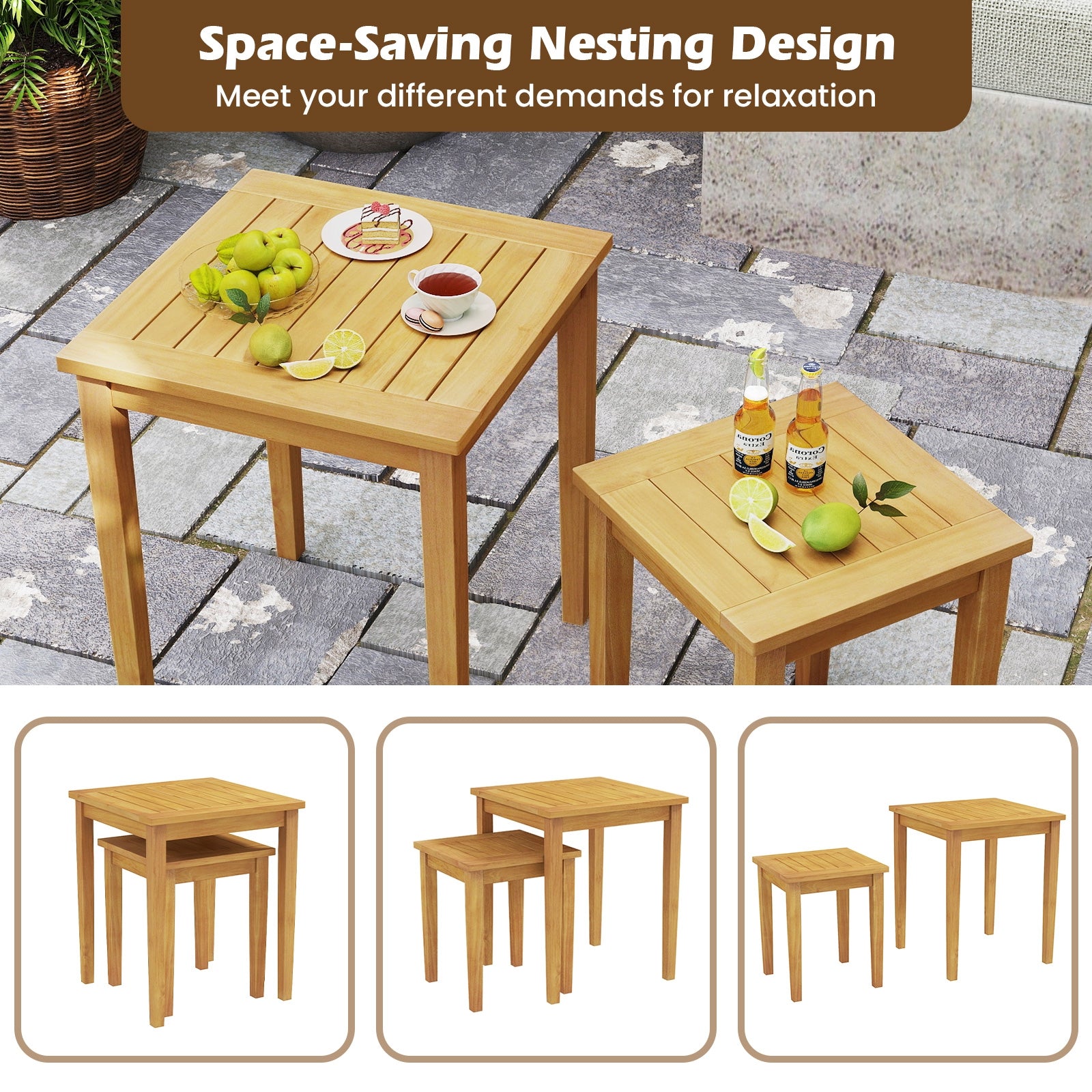 2 Pieces Space Saving Design Teak Wood Outdoor Patio Nesting Table, Natural Patio Coffee Tables at Gallery Canada