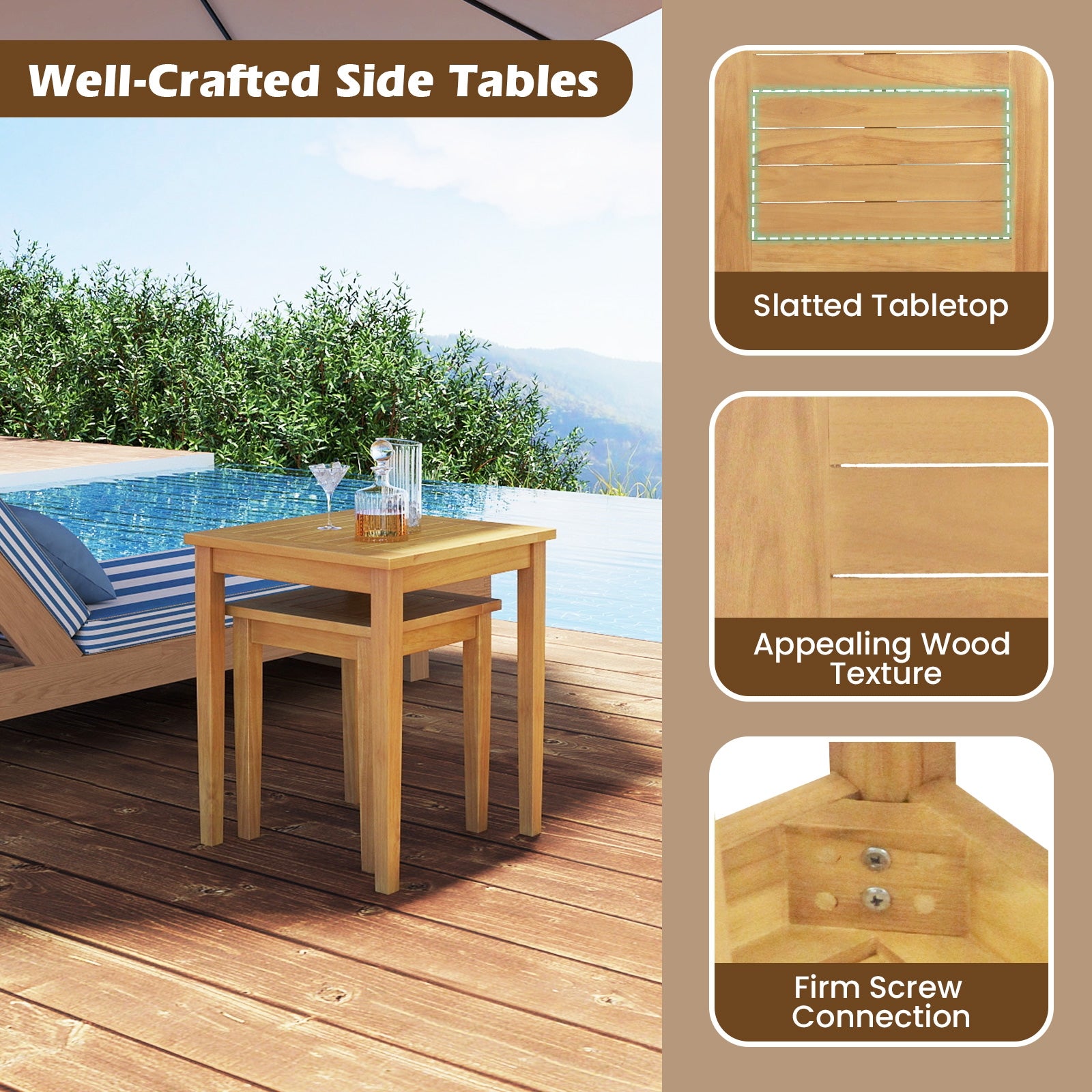 2 Pieces Space Saving Design Teak Wood Outdoor Patio Nesting Table, Natural Patio Coffee Tables at Gallery Canada