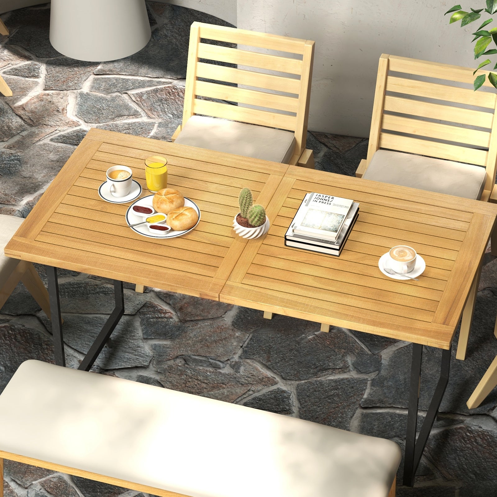 Indoor Outdoor Teak Wood Slatted Tabletop Panel Board Split in 2 Square, Natural Patio Dining Tables at Gallery Canada