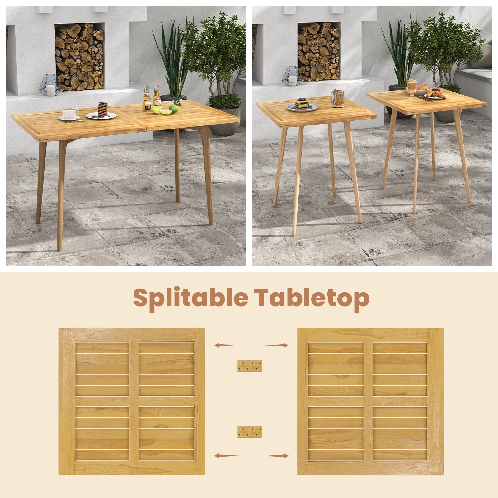 Indoor Outdoor Teak Wood Slatted Tabletop Panel Board Split in 2 Square, Natural Patio Dining Tables at Gallery Canada