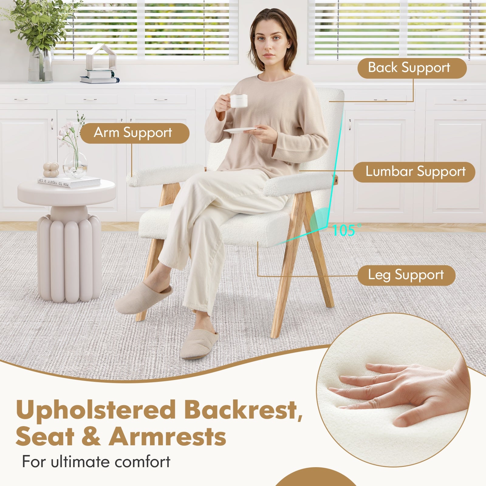 Mid Century Modern Accent Chair with Rubber Wood Frame and Padded Armrests, White Accent Chairs at Gallery Canada