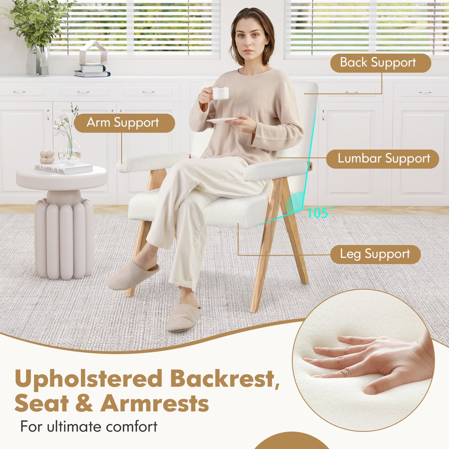 Mid Century Modern Accent Chair with Rubber Wood Frame and Padded Armrests, White Accent Chairs at Gallery Canada