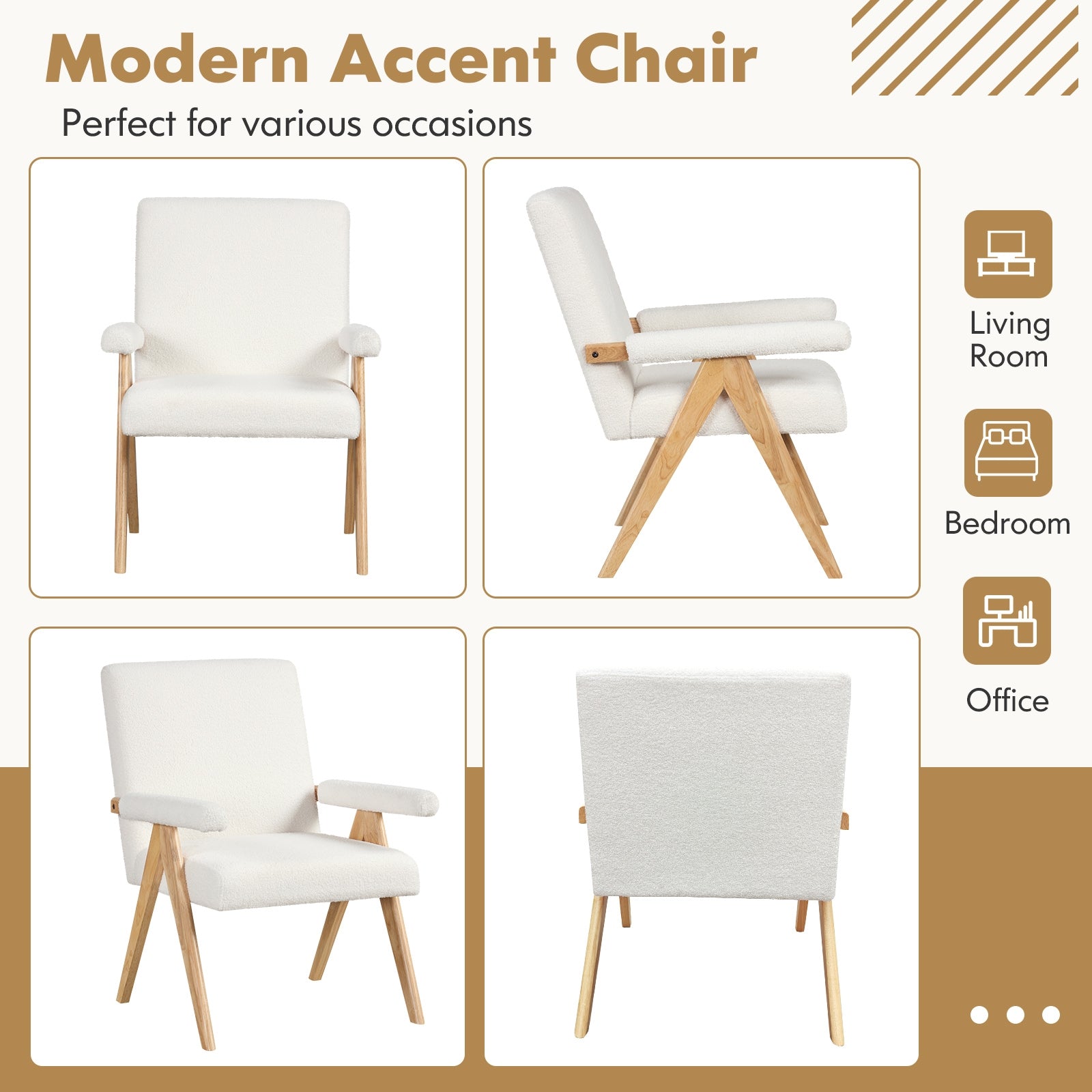 Mid Century Modern Accent Chair with Rubber Wood Frame and Padded Armrests, White Accent Chairs at Gallery Canada