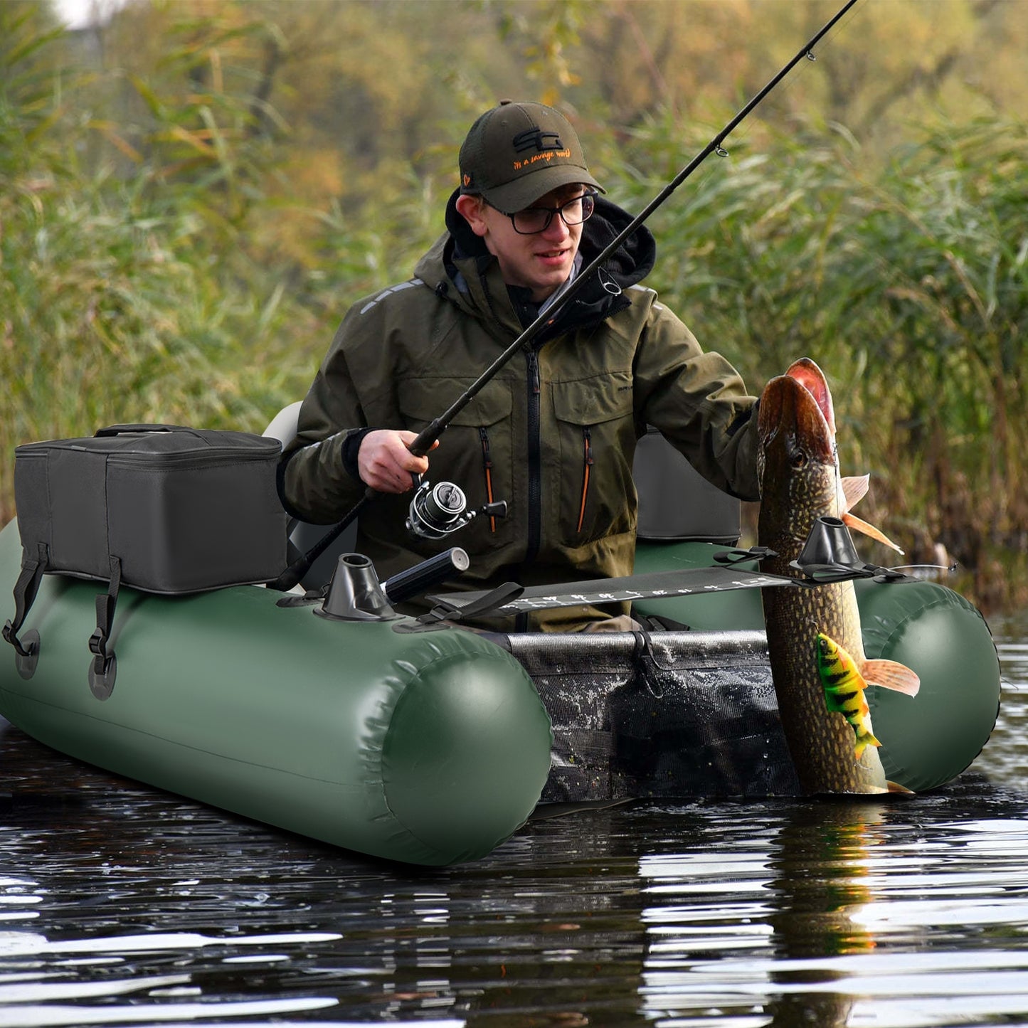Inflatable Fishing Float Tube for Angling with Fish Ruler and Angling Base, Camouflage Water Sports at Gallery Canada