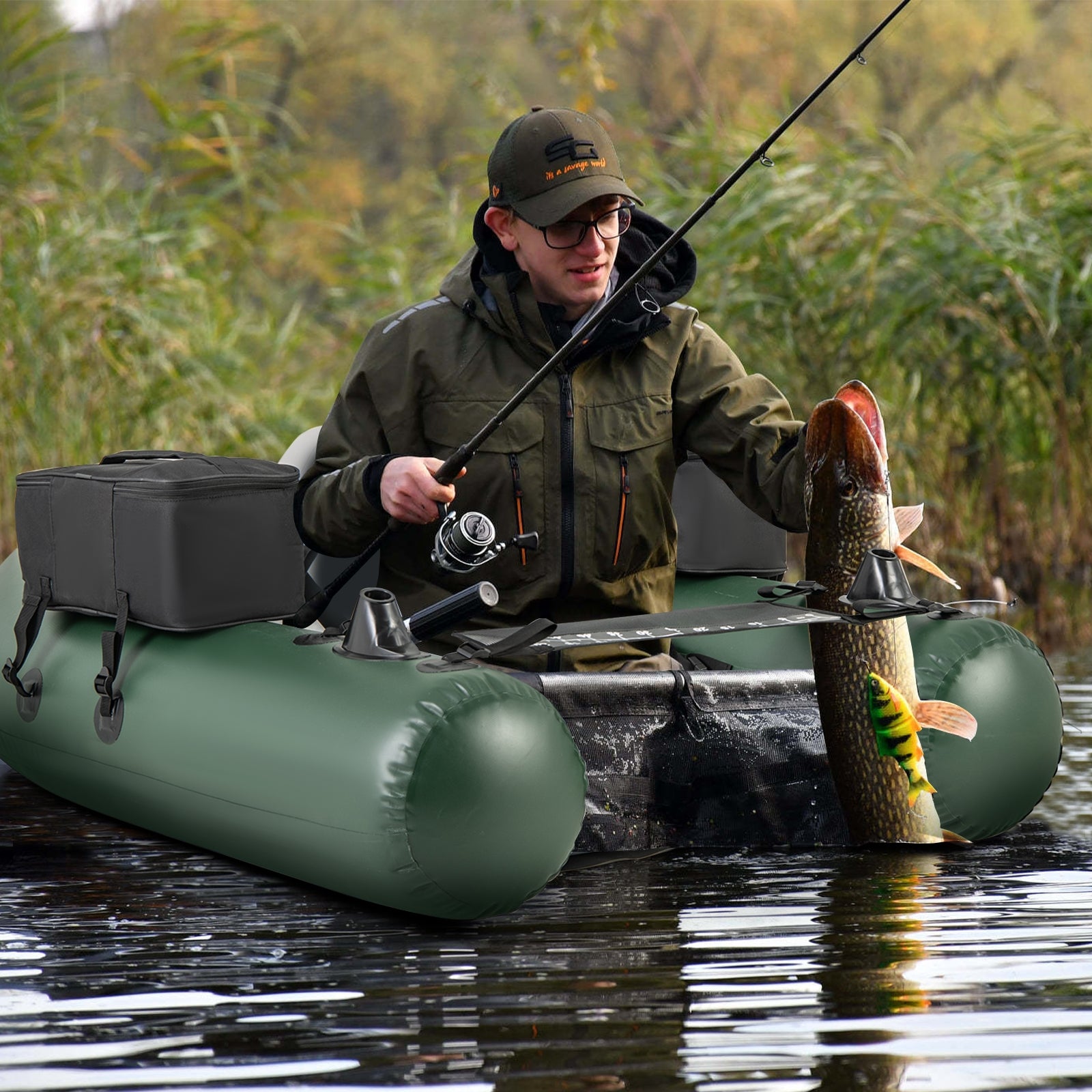 Inflatable Fishing Float Tube for Angling with Fish Ruler and Angling Base, Camouflage Water Sports at Gallery Canada