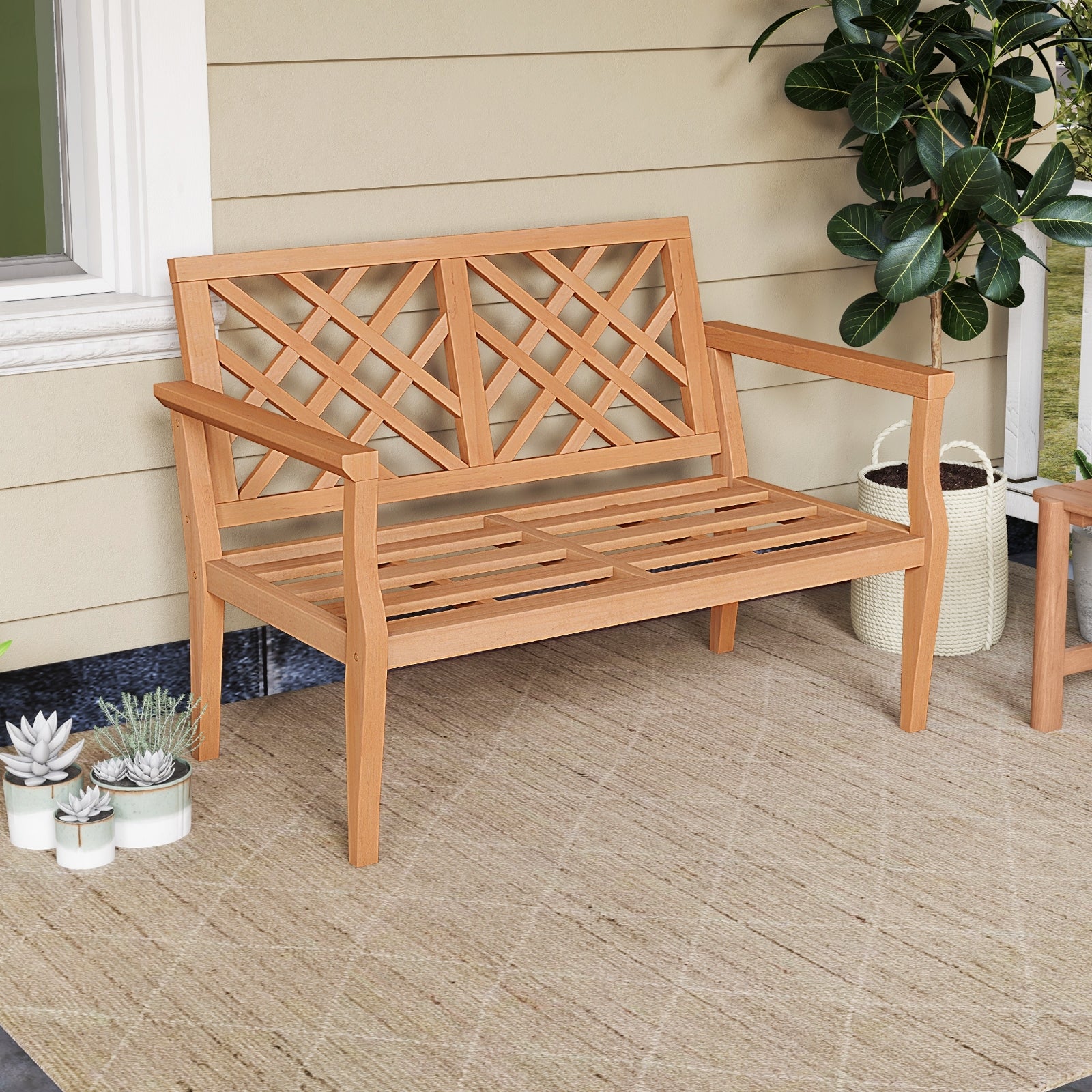 Outdoor Garden Bench 2-Person Teak Wood Bench with Comfy Armrests and Backrest, Natural Outdoor Benches at Gallery Canada