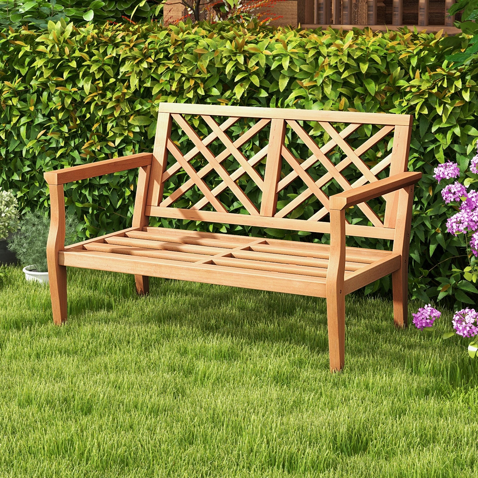 Outdoor Garden Bench 2-Person Teak Wood Bench with Comfy Armrests and Backrest, Natural Outdoor Benches at Gallery Canada