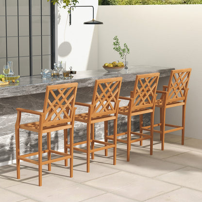 Patio Teak Wood Bar Stool Outdoor Counter Height Chair with Ergonomic Backrest, Natural Patio Dining Chairs at Gallery Canada