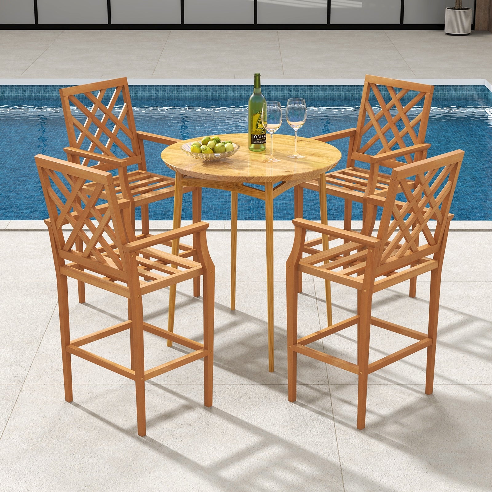 Patio Teak Wood Bar Stool Outdoor Counter Height Chair with Ergonomic Backrest, Natural Patio Dining Chairs at Gallery Canada
