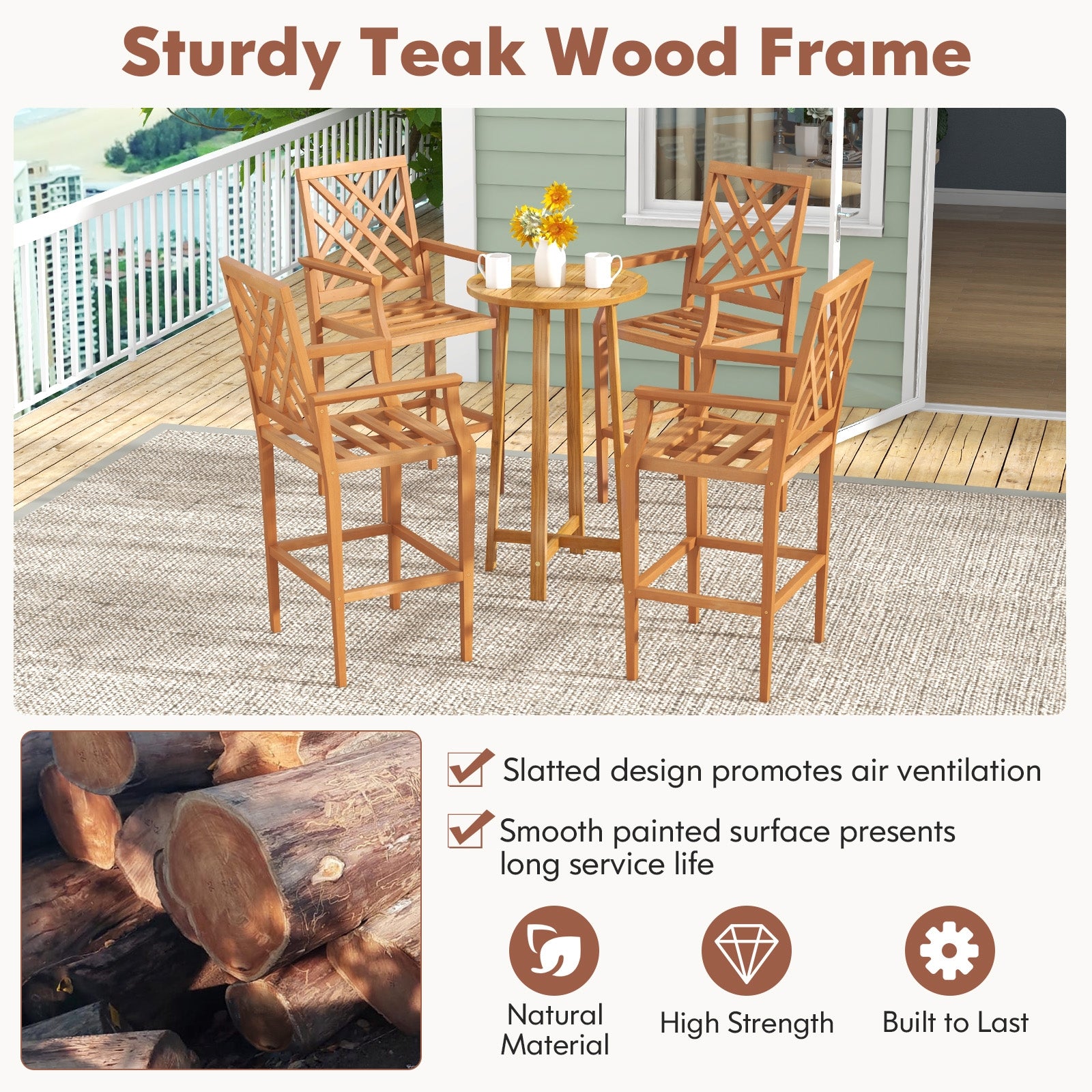 Patio Teak Wood Bar Stool Outdoor Counter Height Chair with Ergonomic Backrest, Natural Patio Dining Chairs at Gallery Canada