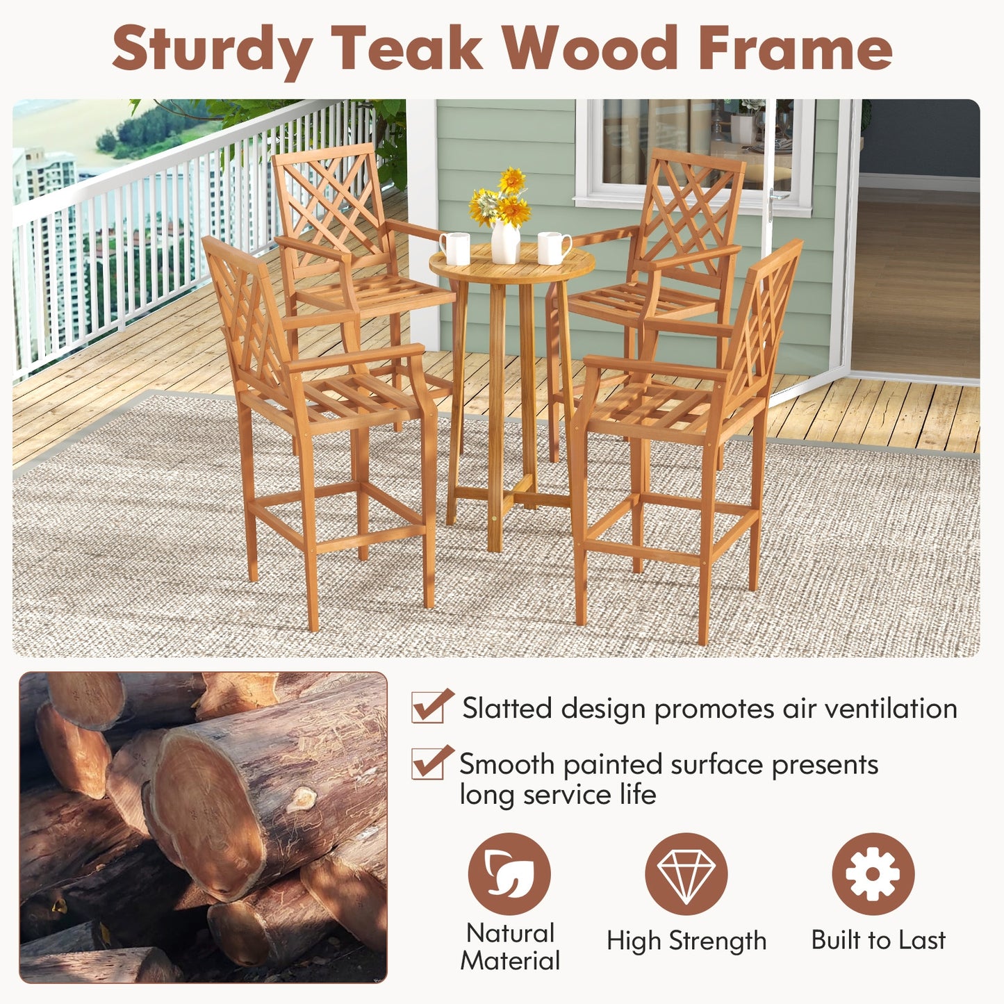 Patio Teak Wood Bar Stool Outdoor Counter Height Chair with Ergonomic Backrest, Natural Patio Dining Chairs at Gallery Canada