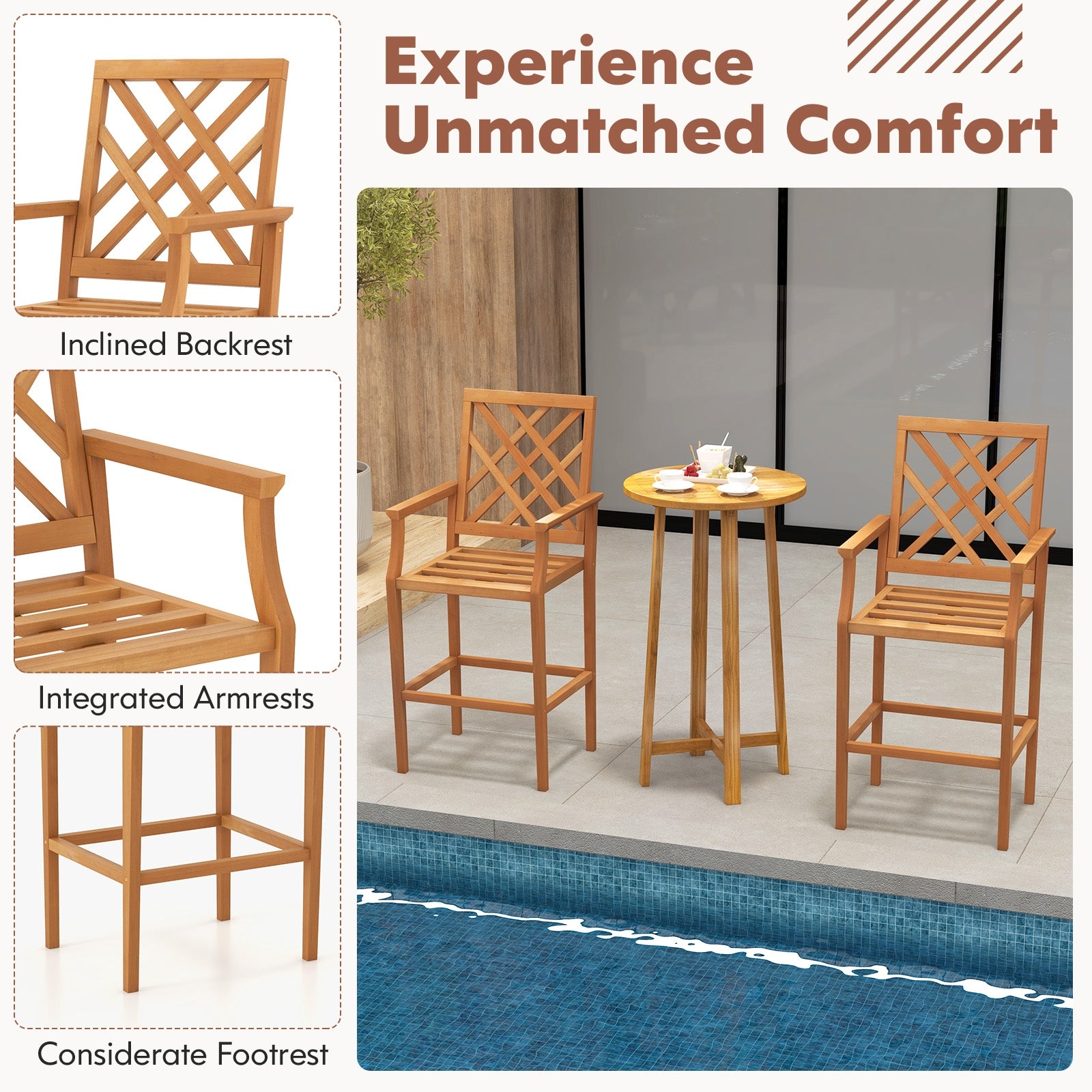 Patio Teak Wood Bar Stool Outdoor Counter Height Chair with Ergonomic Backrest, Natural Patio Dining Chairs at Gallery Canada