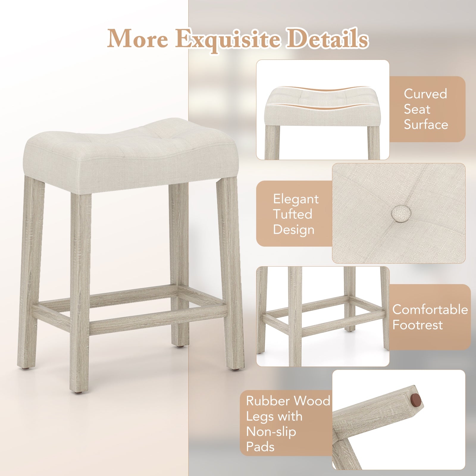 Set of 4 Upholstered Counter Height Bar Stool with Curved Saddle-Seat, Gray Bar Stools at Gallery Canada