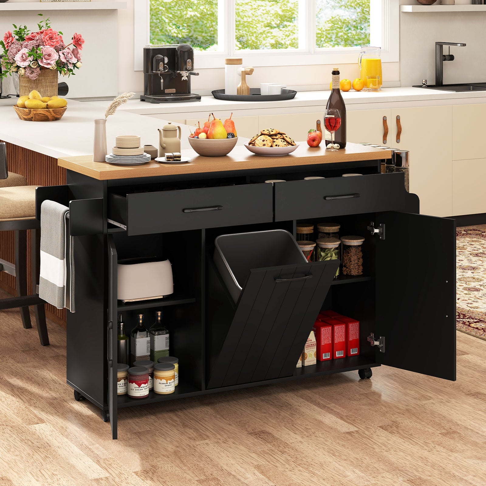 Mobile Kitchen Island Table with Trash Bag Storage for Dining Room, Black Kitchen Islands & Carts at Gallery Canada