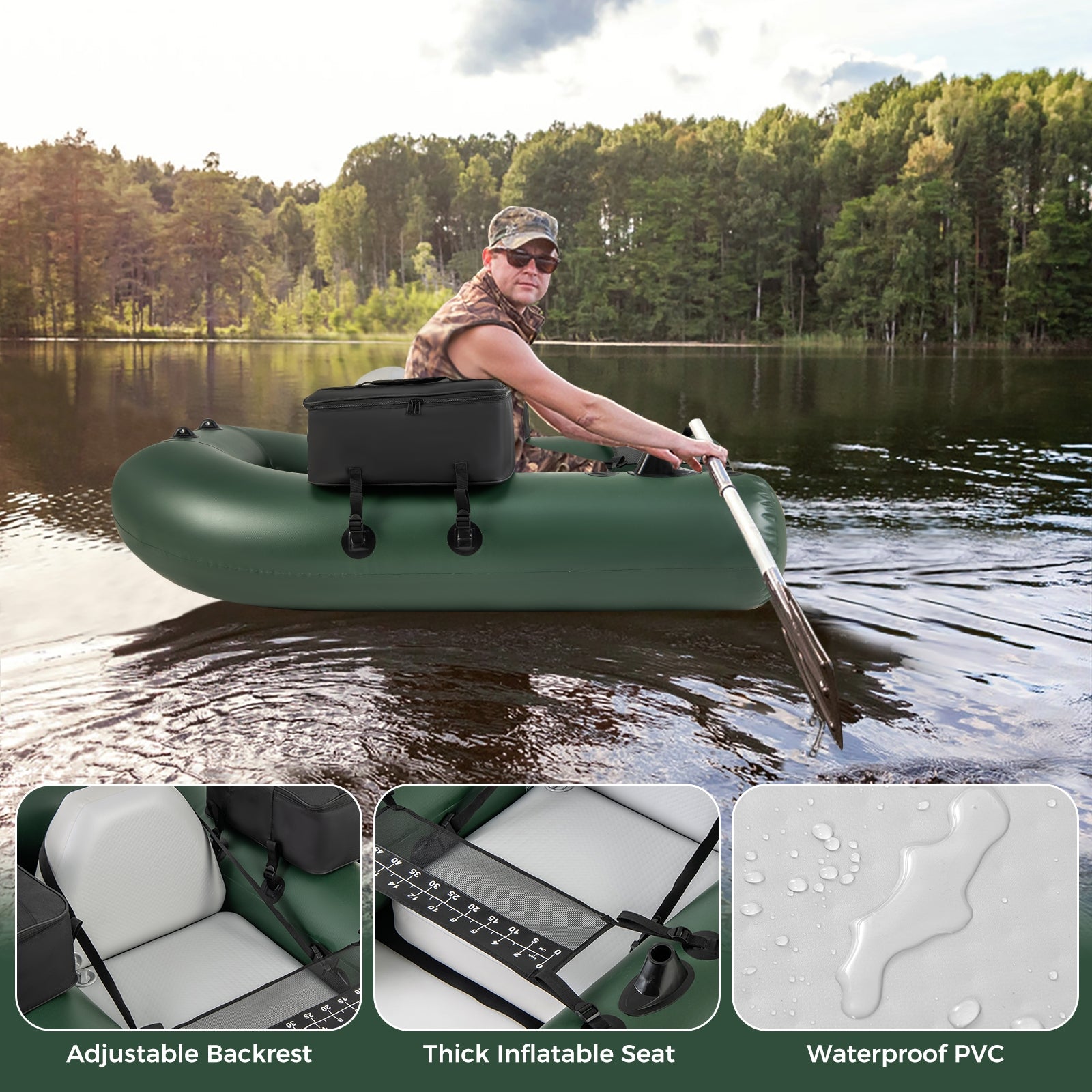 Inflatable Fishing Float Tube for Angling with Fish Ruler and Angling Base, Camouflage Water Sports at Gallery Canada