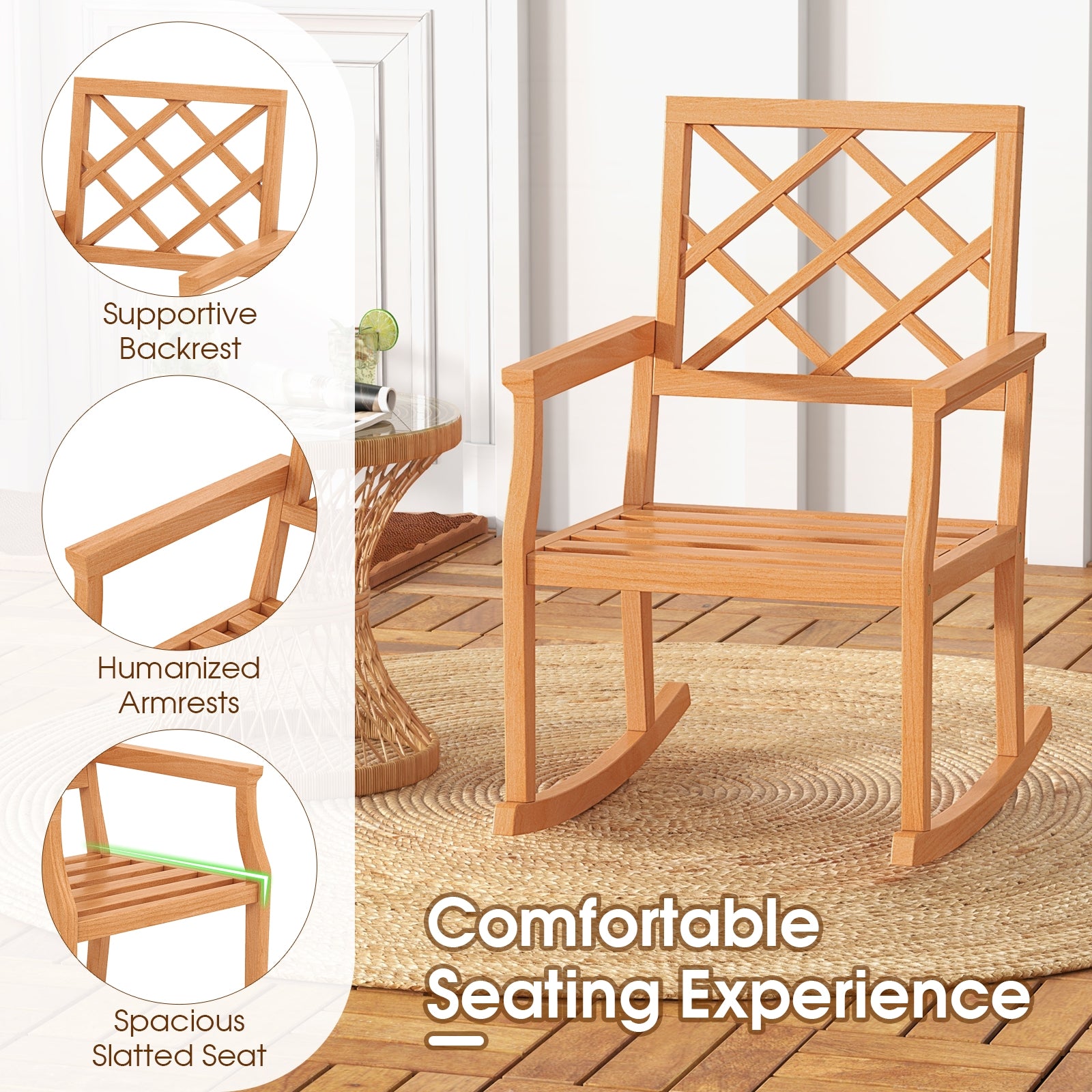 Teak Wood Rocking Chair Oversized Porch Rocker with Backrest and Slatted Seat, Brown Patio Rocking Chairs & Gliders at Gallery Canada