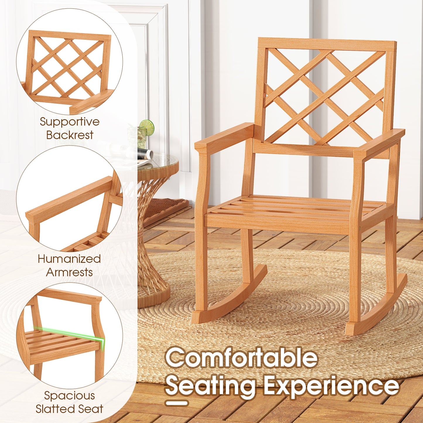 Teak Wood Rocking Chair Oversized Porch Rocker with Backrest and Slatted Seat, Brown Patio Rocking Chairs & Gliders at Gallery Canada