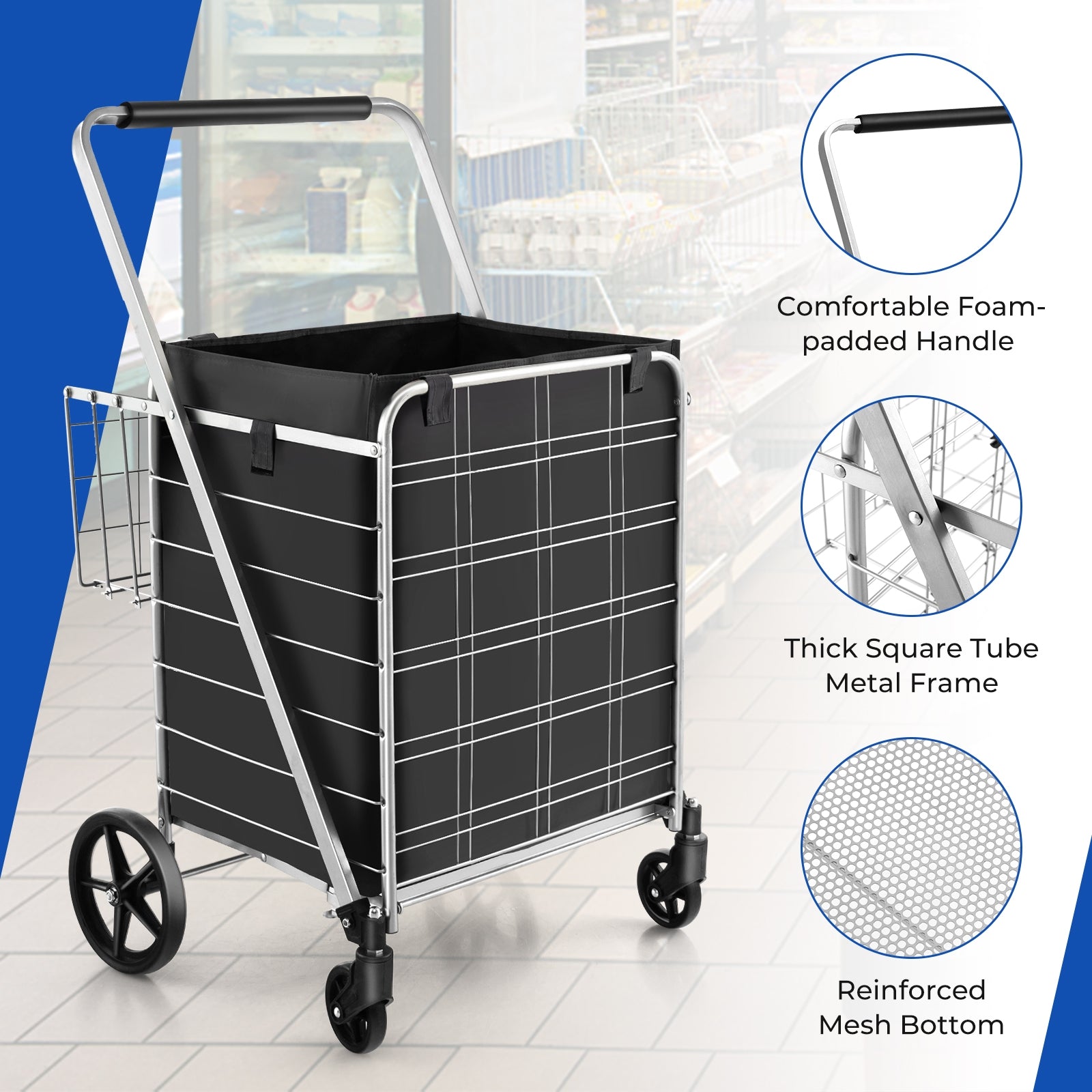 Folding Shopping Cart with Waterproof Liner Wheels and Basket, Silver Kitchen Tools at Gallery Canada