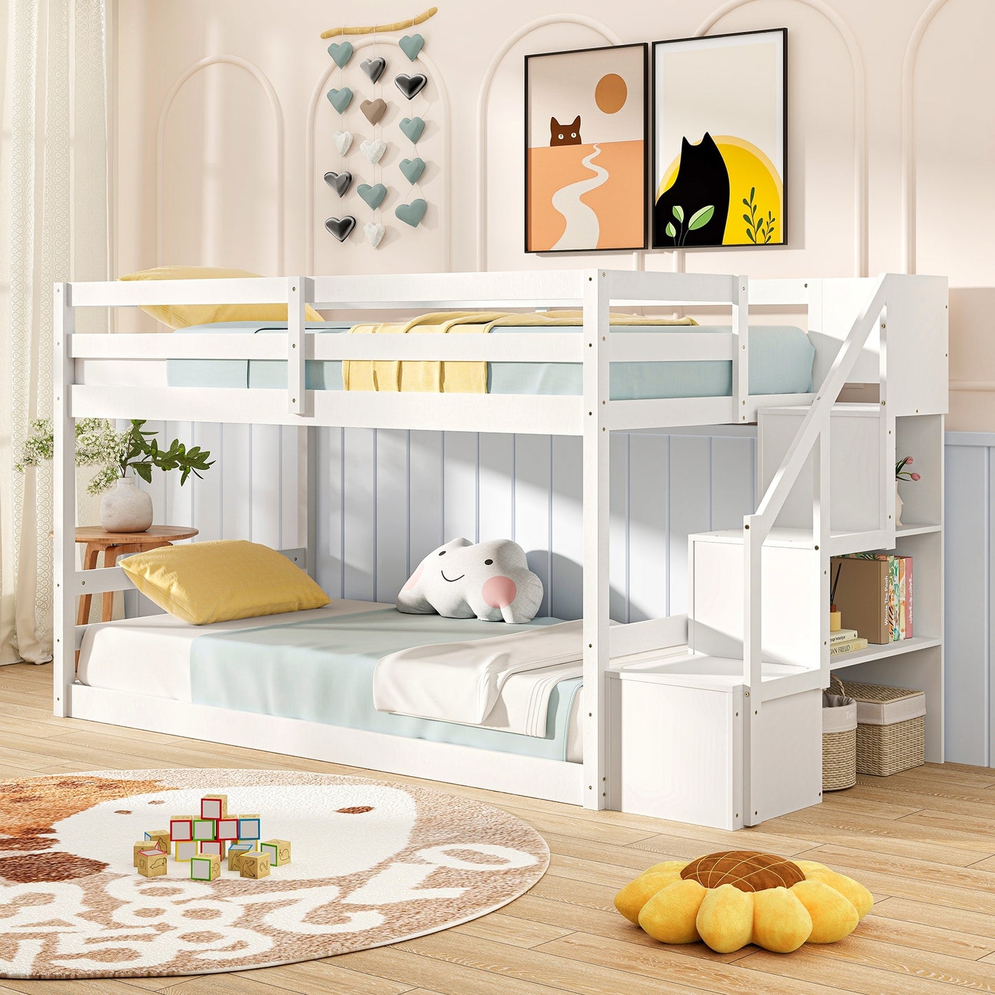 Twin Over Twin Low Bunk Bed with Storage Stairs Solid Wood Floor Bunk Bed Frame, White Bunk Bed Frame at Gallery Canada