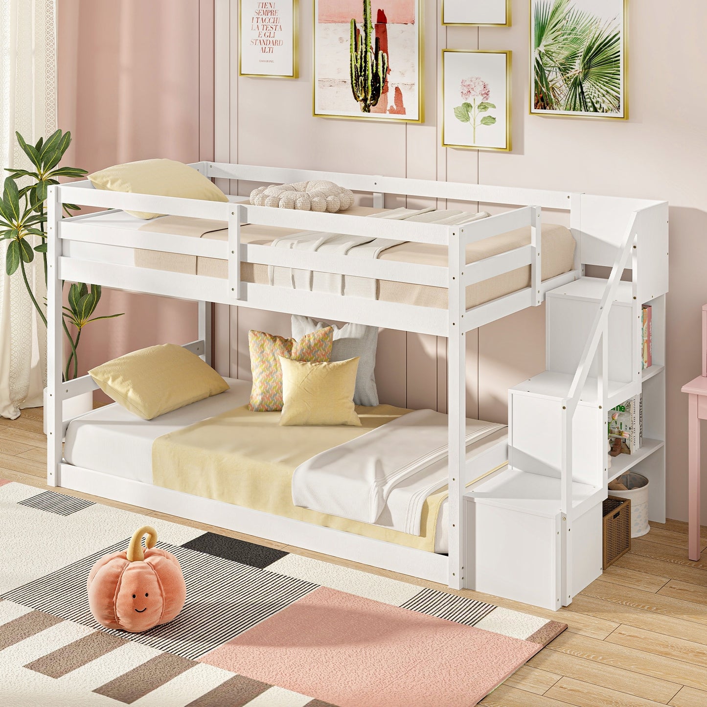 Twin Over Twin Low Bunk Bed with Storage Stairs Solid Wood Floor Bunk Bed Frame, White Bunk Bed Frame at Gallery Canada
