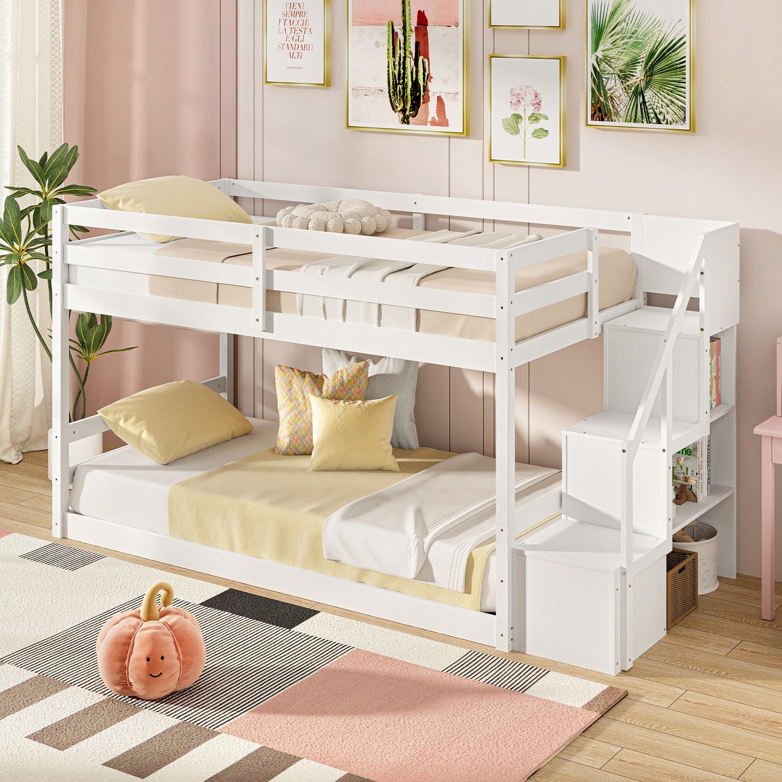Twin Over Twin Low Bunk Bed with Storage Stairs Solid Wood Floor Bunk Bed Frame, White Bunk Bed Frame at Gallery Canada