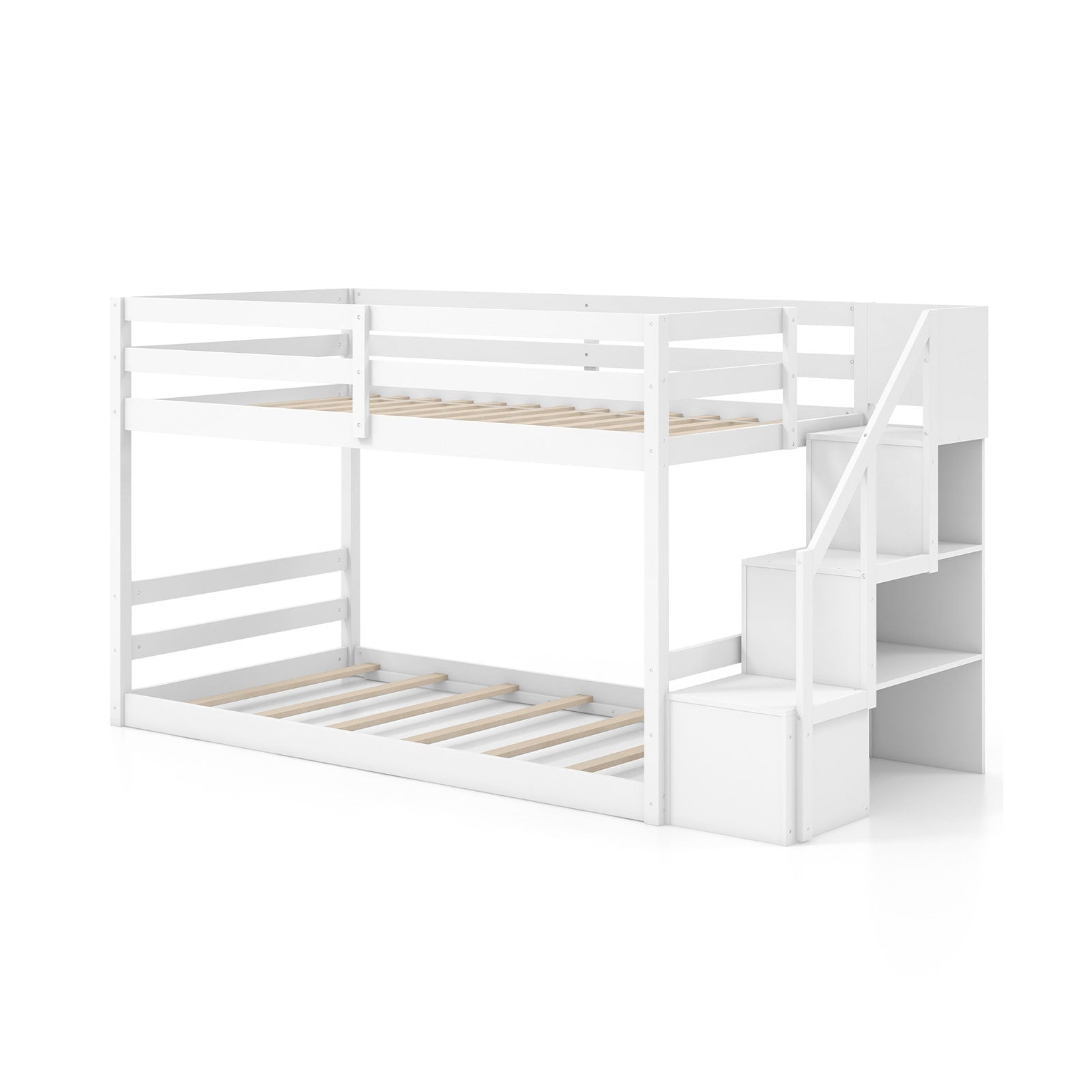 Twin Over Twin Low Bunk Bed With Storage Stairs, Solid Wood Frame, White Bunk Bed Frame at Gallery Canada