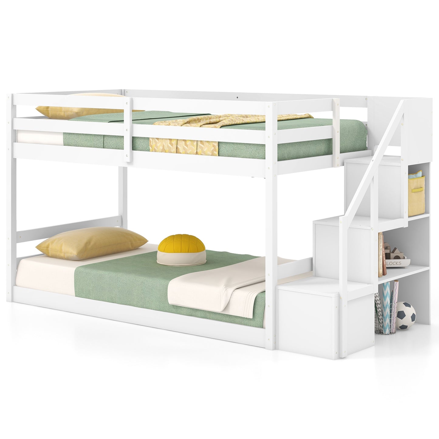 Twin Over Twin Low Bunk Bed with Storage Stairs Solid Wood Floor Bunk Bed Frame, White Bunk Bed Frame at Gallery Canada
