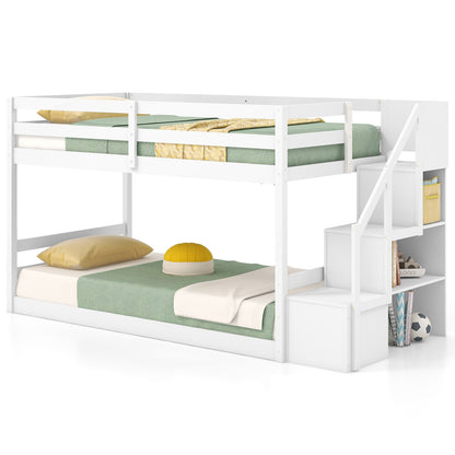 Twin Over Twin Low Bunk Bed with Storage Stairs Solid Wood Floor Bunk Bed Frame, White Bunk Bed Frame at Gallery Canada