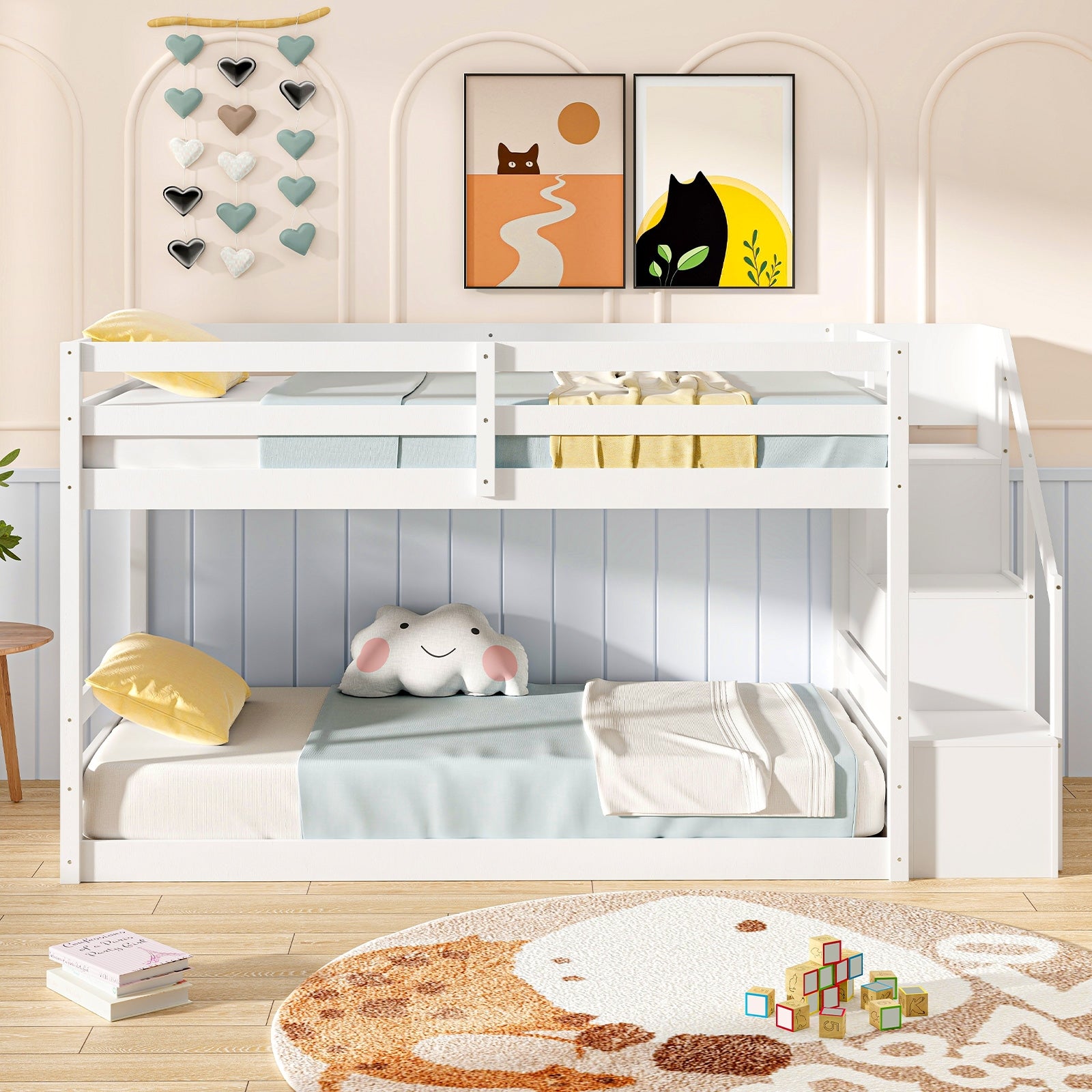 Twin Over Twin Low Bunk Bed with Storage Stairs Solid Wood Floor Bunk Bed Frame, White Bunk Bed Frame at Gallery Canada