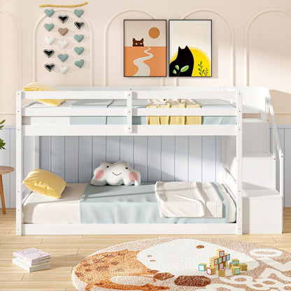 Twin Over Twin Low Bunk Bed with Storage Stairs Solid Wood Floor Bunk Bed Frame, White Bunk Bed Frame at Gallery Canada