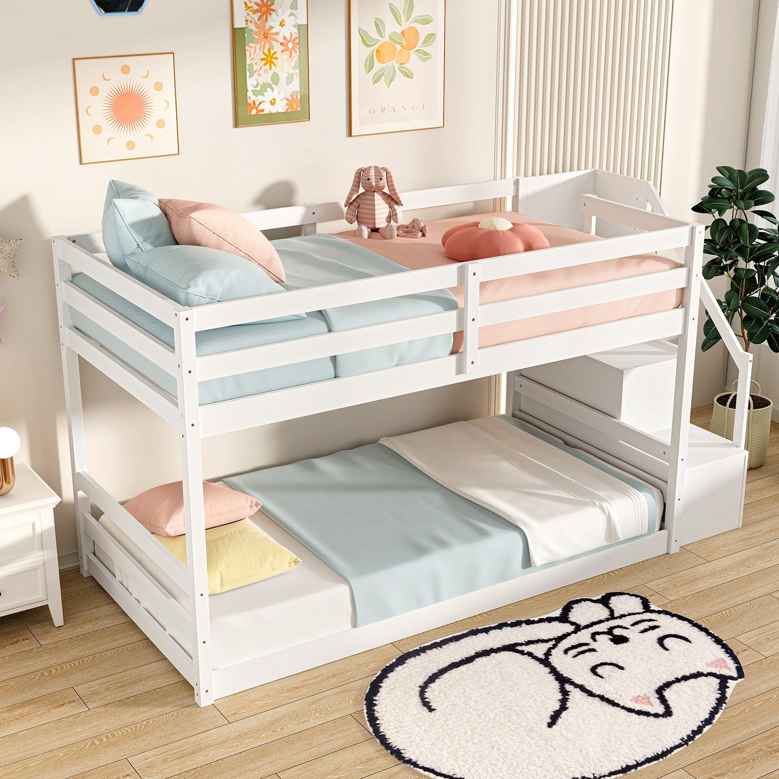 Twin Over Twin Low Bunk Bed with Storage Stairs Solid Wood Floor Bunk Bed Frame, White Bunk Bed Frame at Gallery Canada