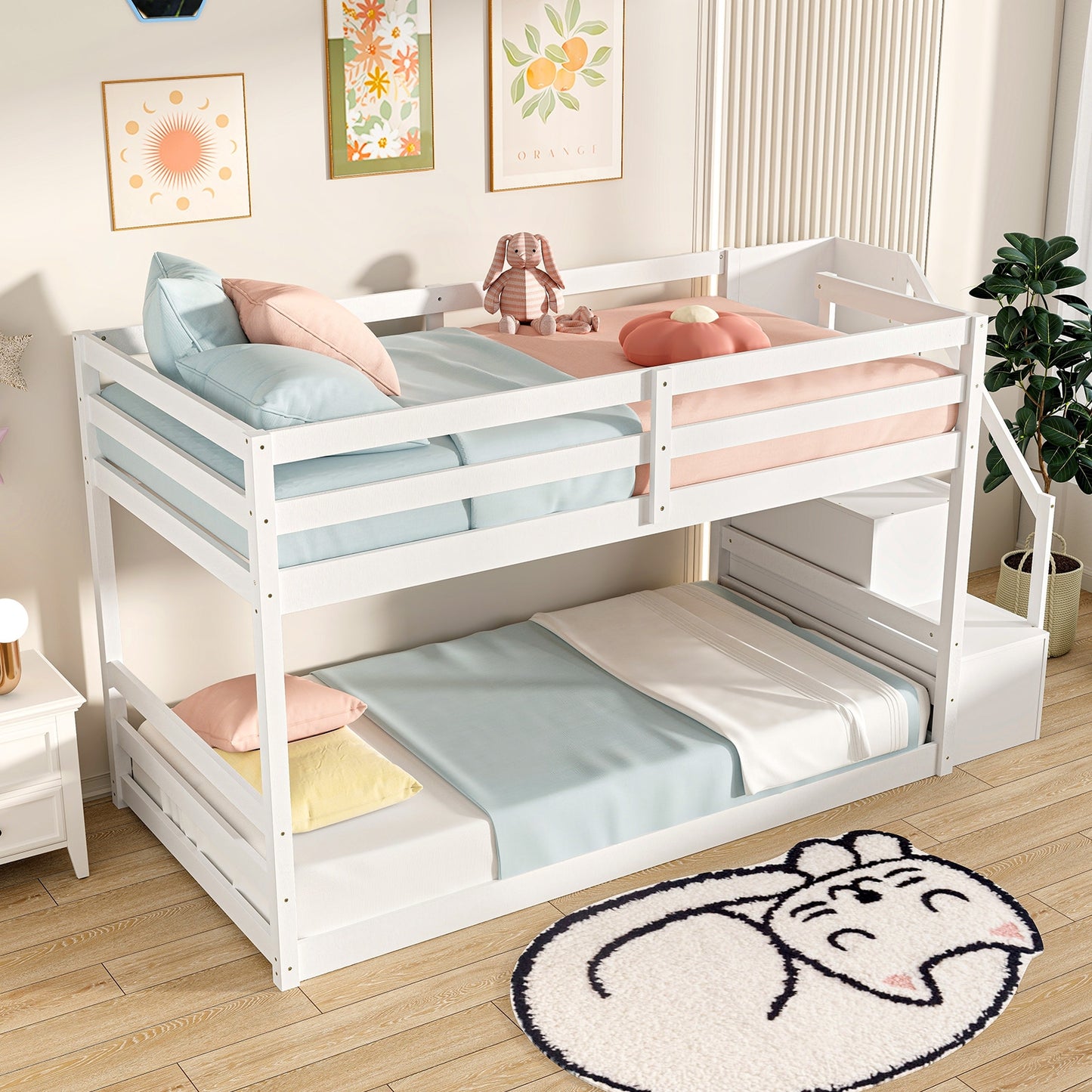 Twin Over Twin Low Bunk Bed with Storage Stairs Solid Wood Floor Bunk Bed Frame, White Bunk Bed Frame at Gallery Canada