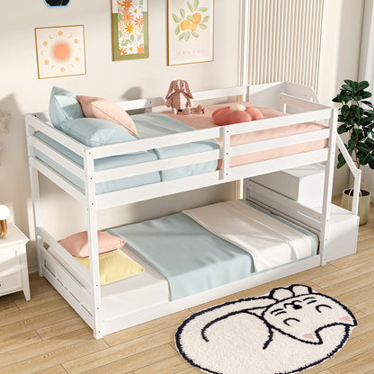 Twin Over Twin Low Bunk Bed with Storage Stairs Solid Wood Floor Bunk Bed Frame, White Bunk Bed Frame at Gallery Canada