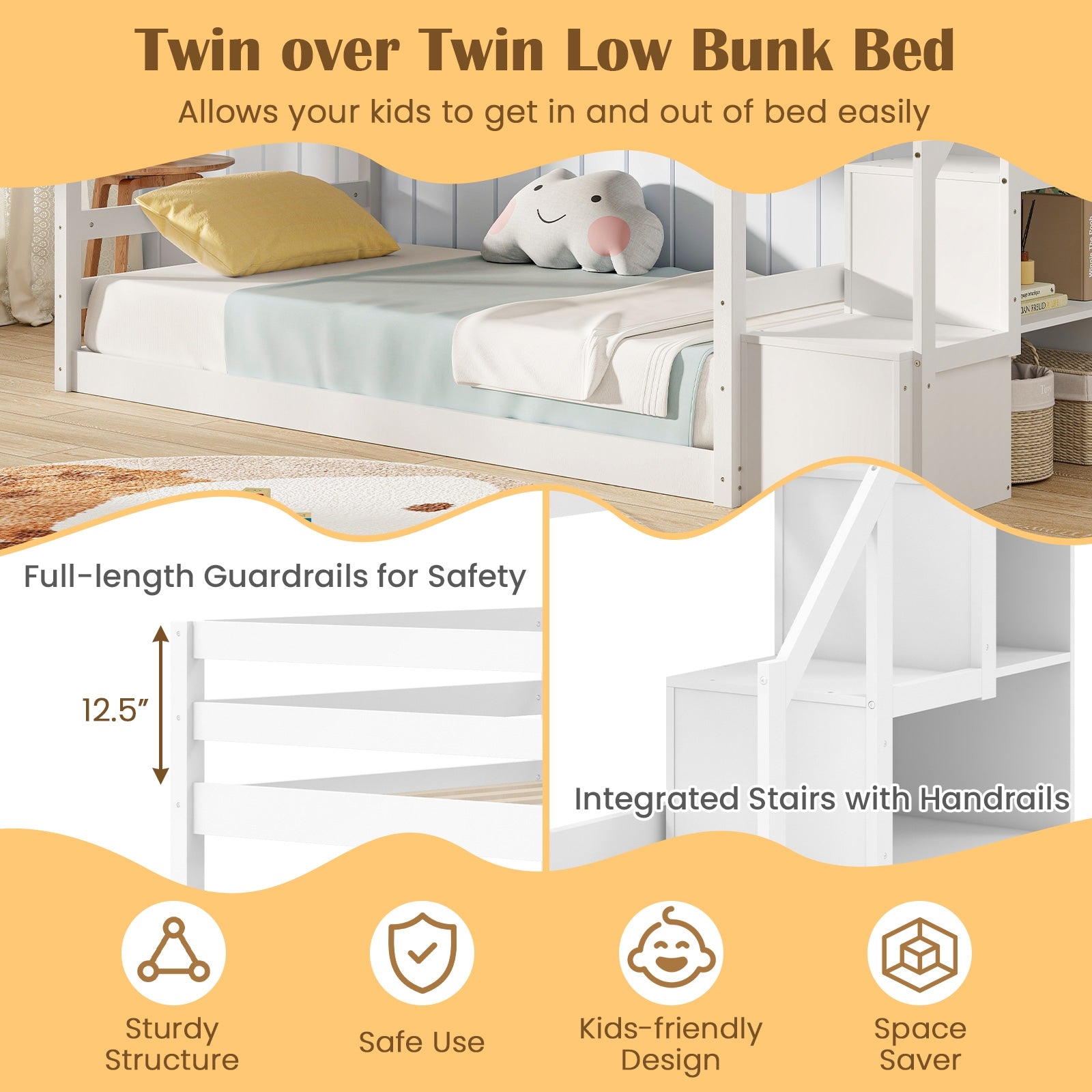 Twin Over Twin Low Bunk Bed with Storage Stairs Solid Wood Floor Bunk Bed Frame, White Bunk Bed Frame at Gallery Canada