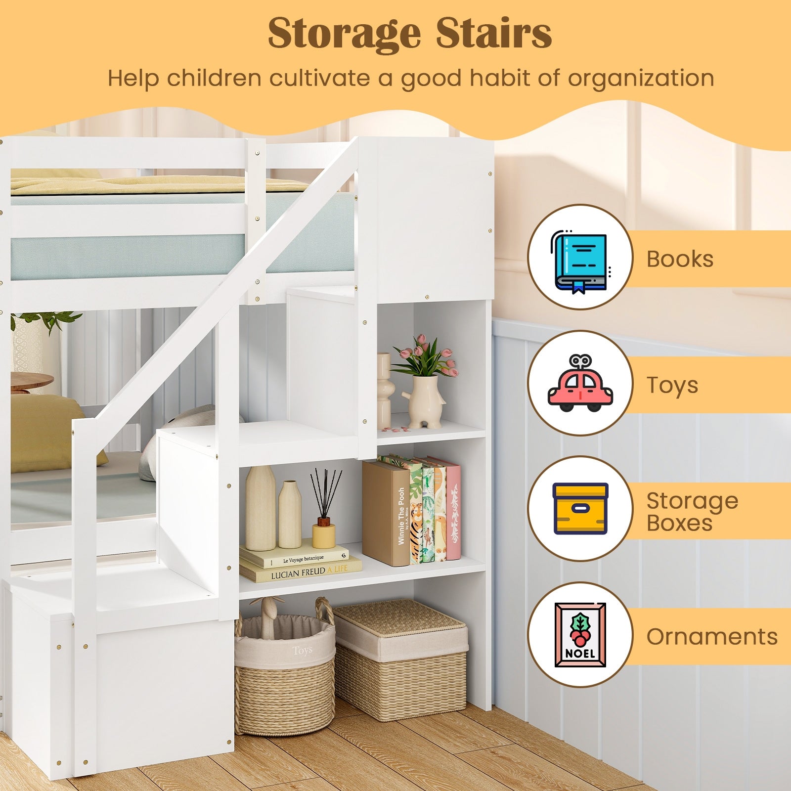 Twin Over Twin Low Bunk Bed with Storage Stairs Solid Wood Floor Bunk Bed Frame, White Bunk Bed Frame at Gallery Canada
